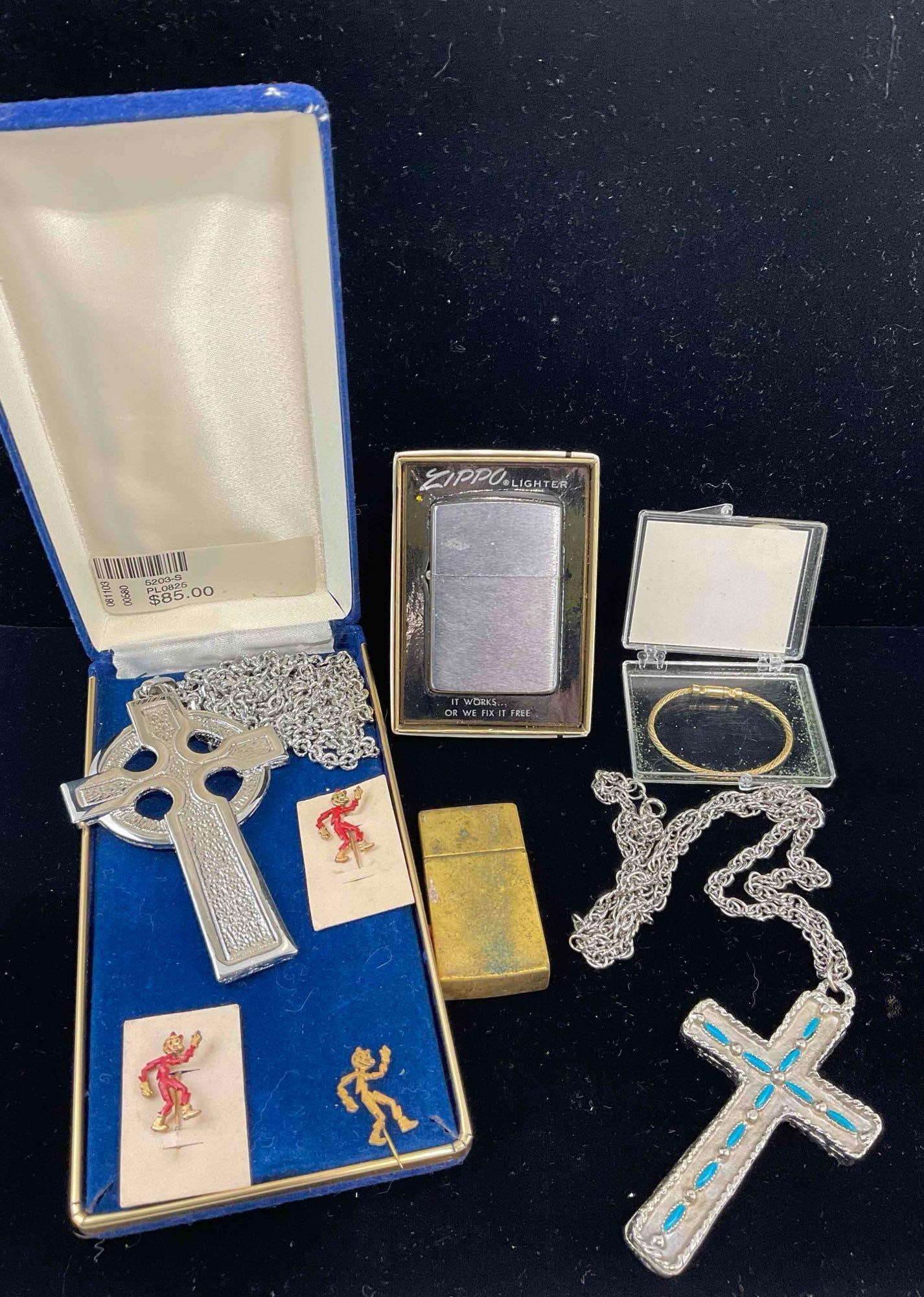 2x Large Cross Necklaces + Zippo Lighter VII w/ Box , 3x Mini Reddy Kilowatt pins, Infant Bracelet: C-5760 Vintage infant bracelet is 18K gold finished 