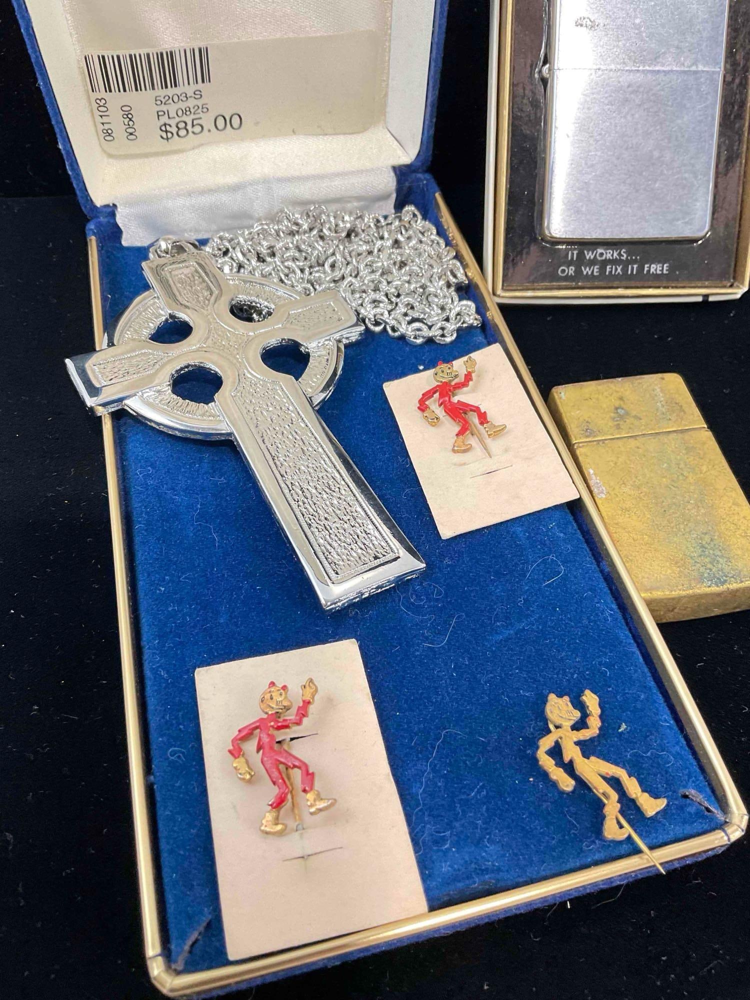 2x Large Cross Necklaces + Zippo Lighter VII w/ Box , 3x Mini Reddy Kilowatt pins, Infant Bracelet - 2