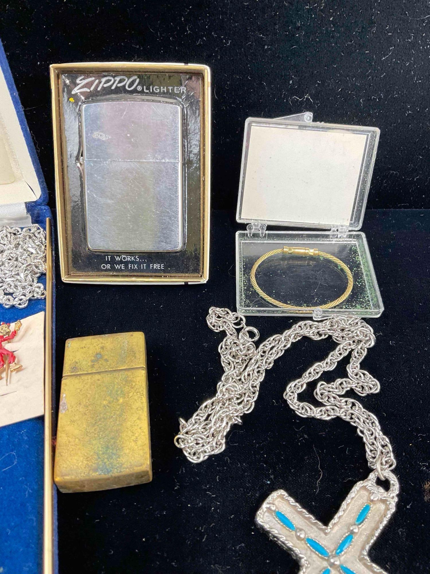 2x Large Cross Necklaces + Zippo Lighter VII w/ Box , 3x Mini Reddy Kilowatt pins, Infant Bracelet - 3