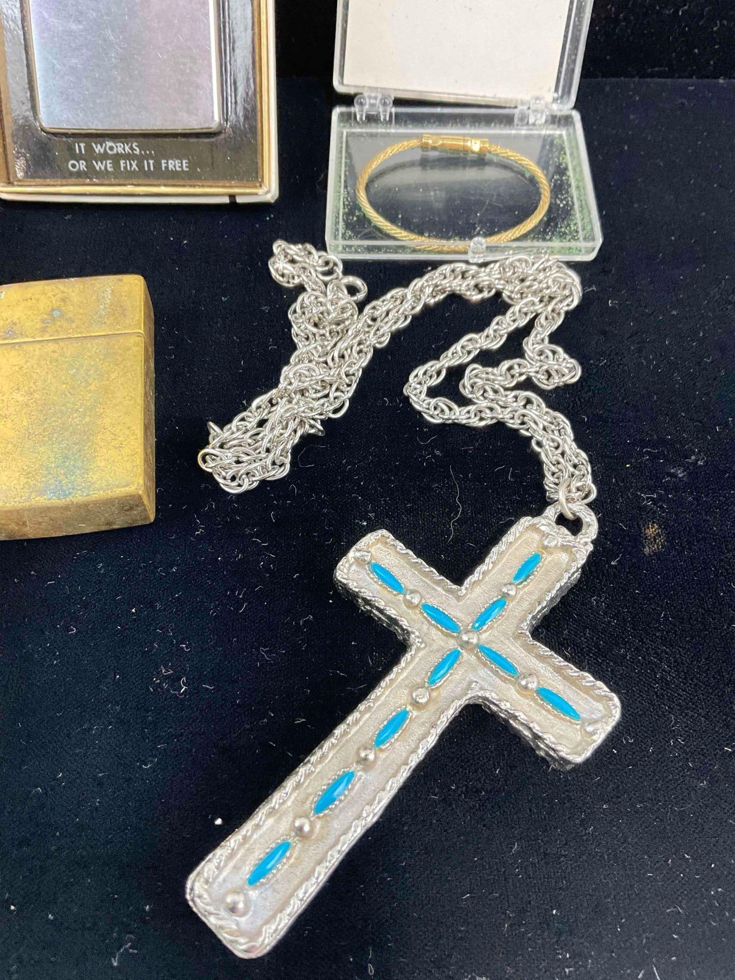 2x Large Cross Necklaces + Zippo Lighter VII w/ Box , 3x Mini Reddy Kilowatt pins, Infant Bracelet - 4