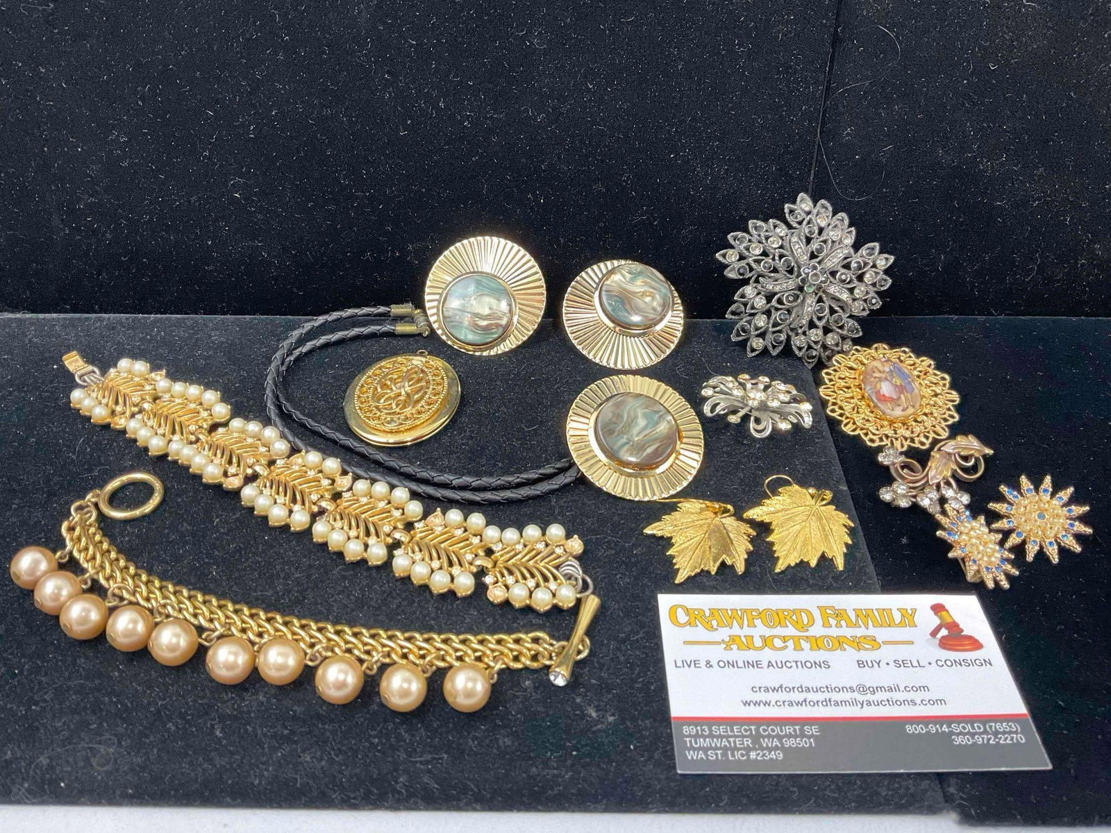 Mid Century Jewelry, Gold toned, Rhinestone, Necklaces, Brooches, earrings, Bracelets, See pics: c-6240 Gold toned Faux Pearl and Faux Diamond Bracelet Signed Trifari Crown. Note some of the pieces have a few missing Rhinestones or faux pearls see pics 
