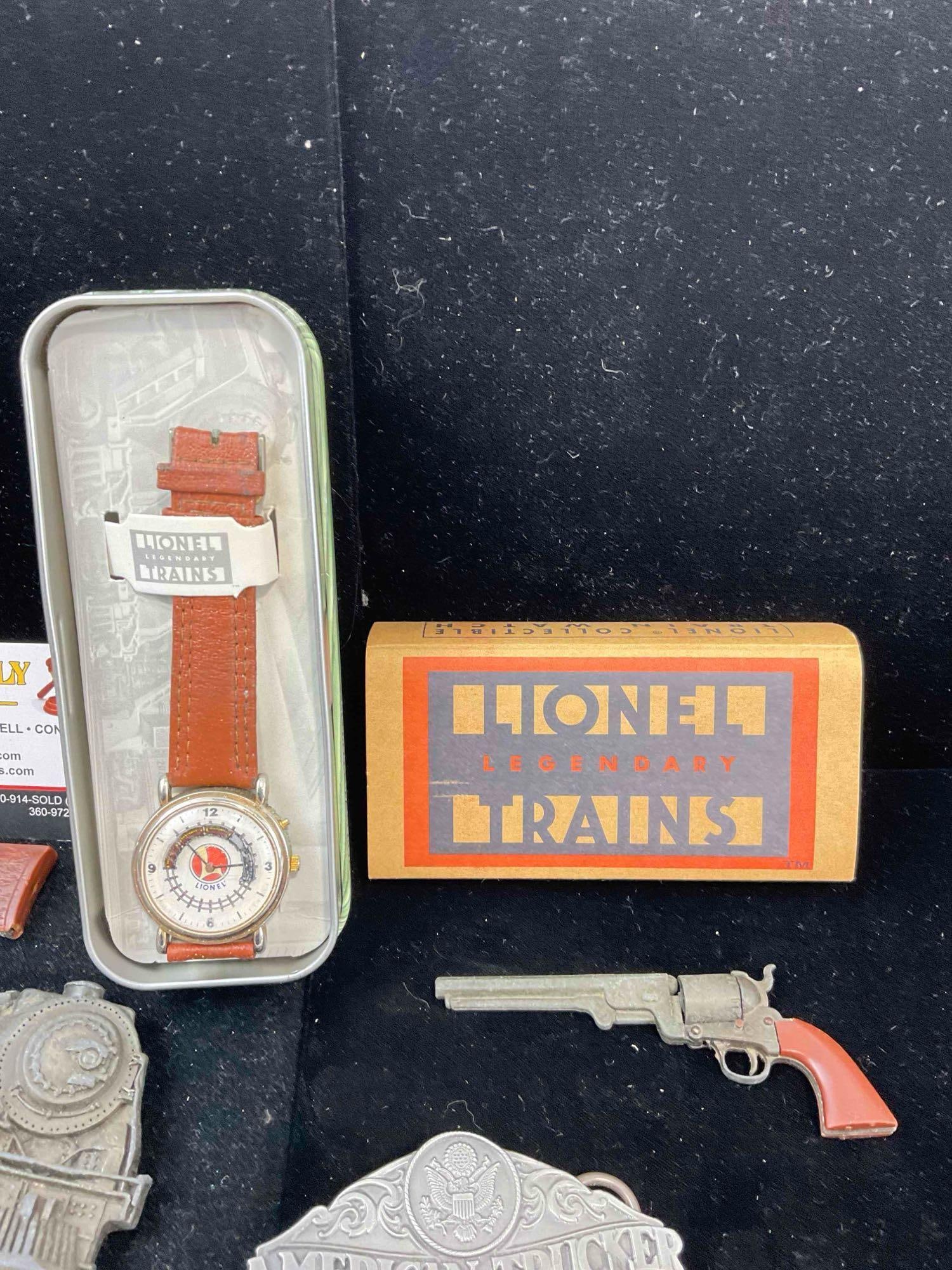 Lionel Train watch, 5x Belt Buckles, incl. Railroad, trucking & eagle themed & 2x Small Toys. - 4