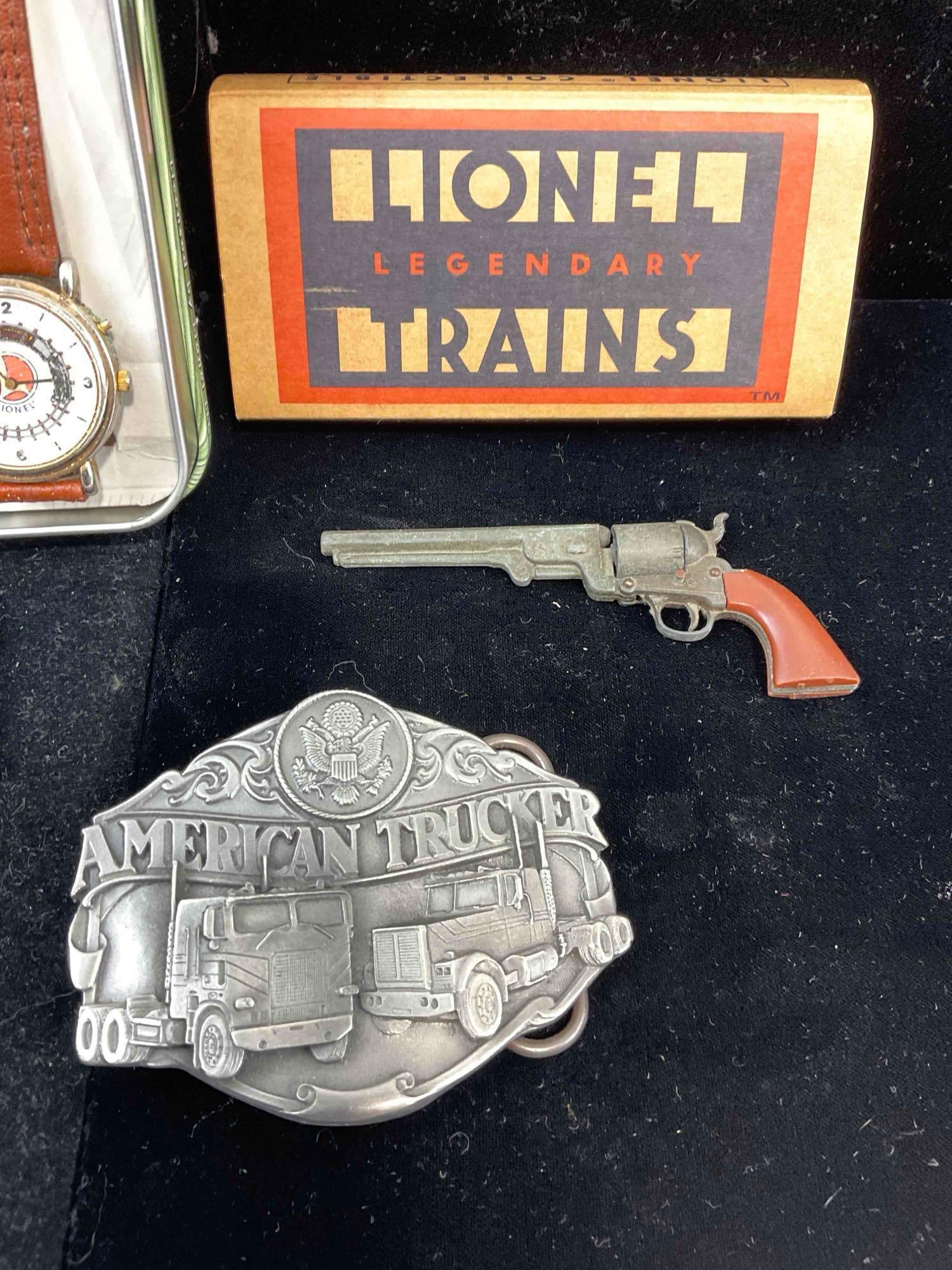 Lionel Train watch, 5x Belt Buckles, incl. Railroad, trucking & eagle themed & 2x Small Toys. - 6