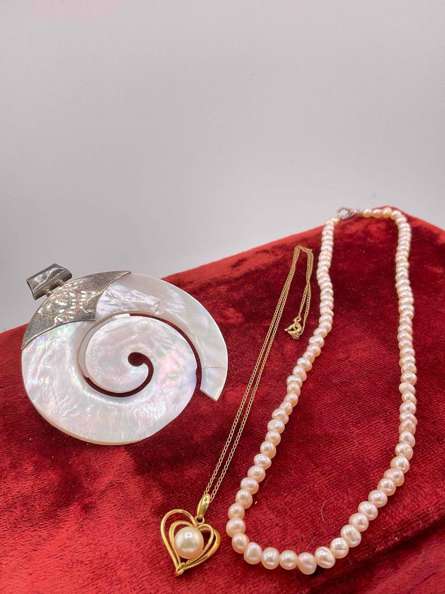 Sterling Silver Vermeil heart necklace w/ pearl, real 15" pearl necklace, & MOP & sterling Pendant: MOP pendant looks to have lost a piece and been repaired.