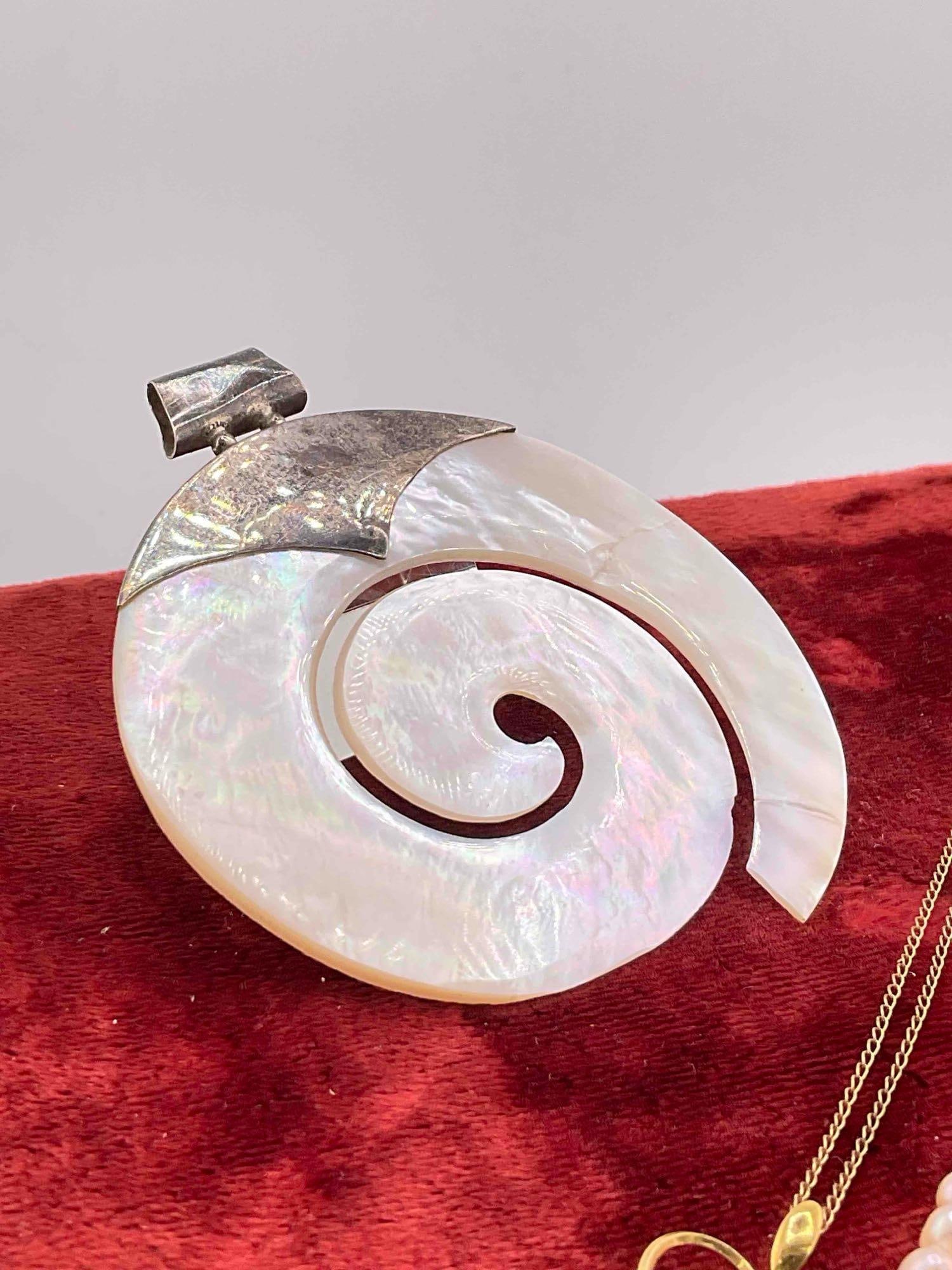Sterling Silver Vermeil heart necklace w/ pearl, real 15" pearl necklace, & MOP & sterling Pendant - 2