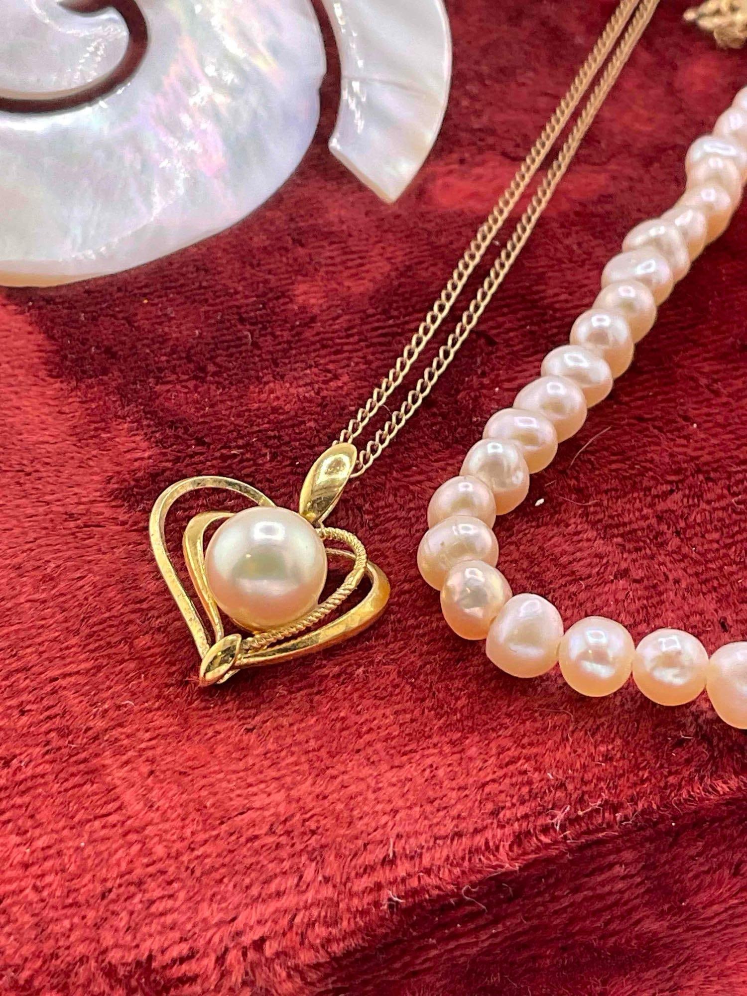 Sterling Silver Vermeil heart necklace w/ pearl, real 15" pearl necklace, & MOP & sterling Pendant - 3