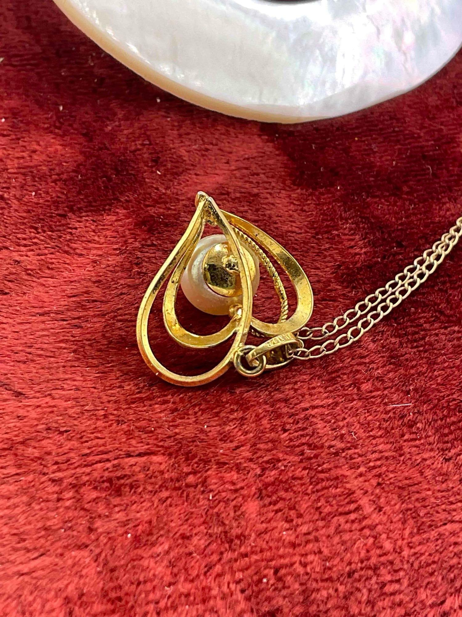 Sterling Silver Vermeil heart necklace w/ pearl, real 15" pearl necklace, & MOP & sterling Pendant - 4