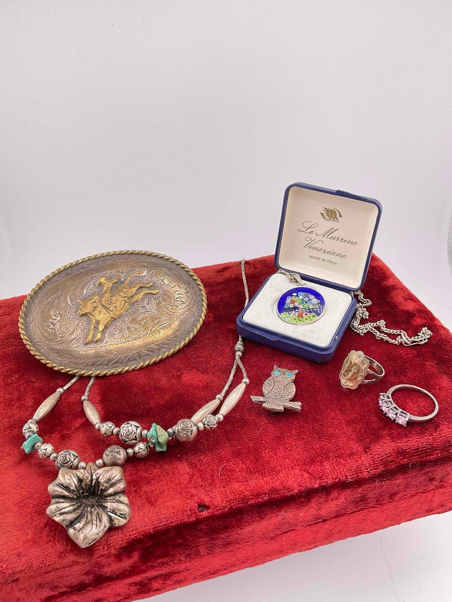 2x vintage sterling silver rings, Sterling Murano pendant, Sterling Front & Nickel back Rodeo BB: C-6240 Small ring appears to have a gold D initial setting. Le Murrine Veneziane Italy Murano Glass " Thousand Flowers " Pendant in Sterling Silver Bezel w/ 18" non silver necklace Larger s