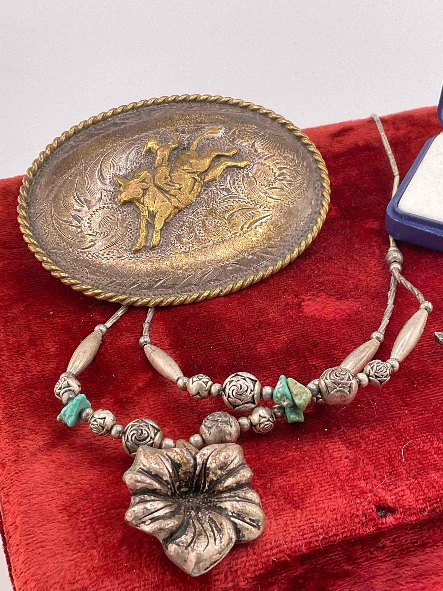 2x vintage sterling silver rings, Sterling Murano pendant, Sterling Front & Nickel back Rodeo BB - 3