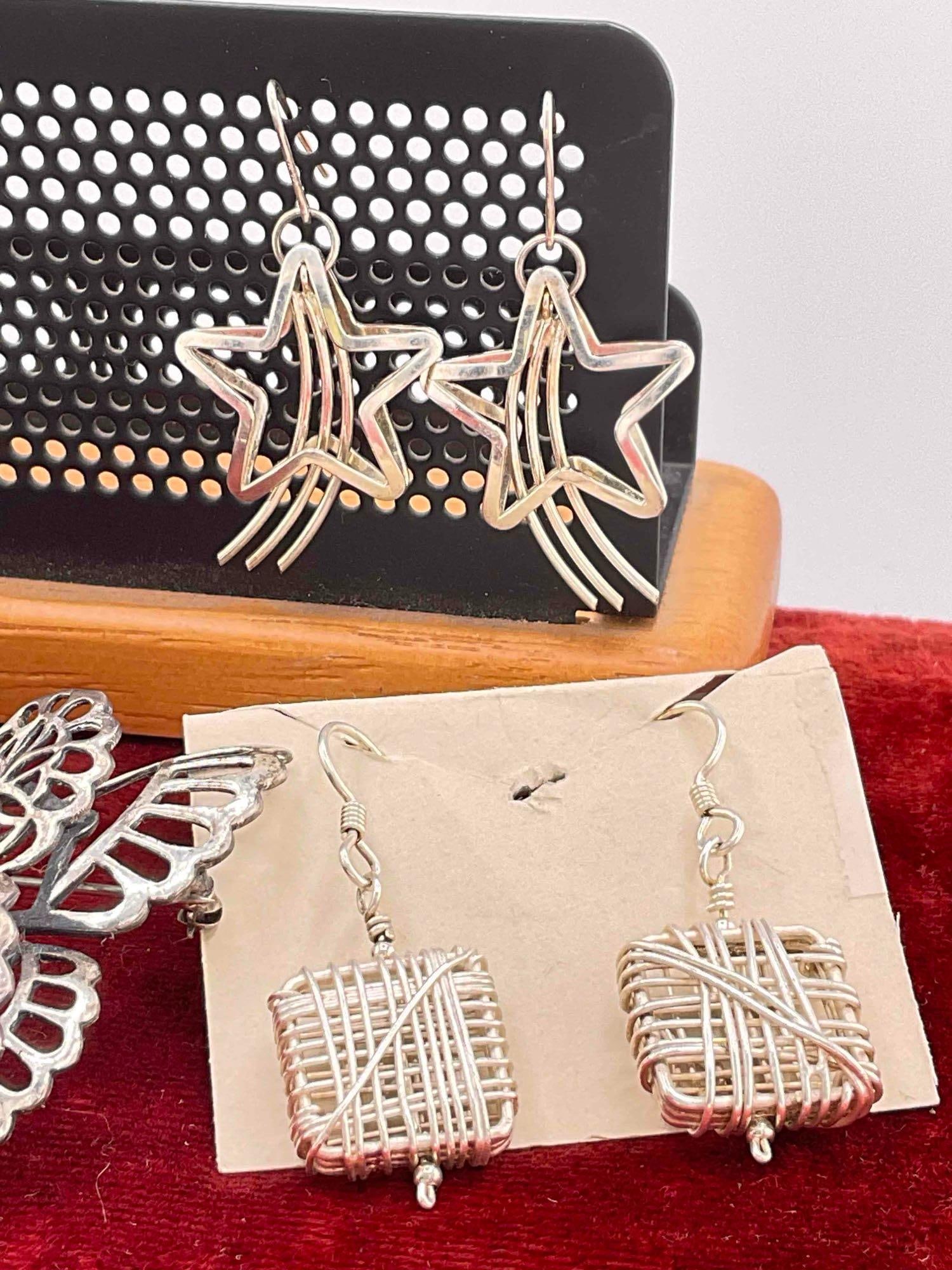 4 x sets of attractive Sterling silver earrings & Large Butterfly Brooch - 2