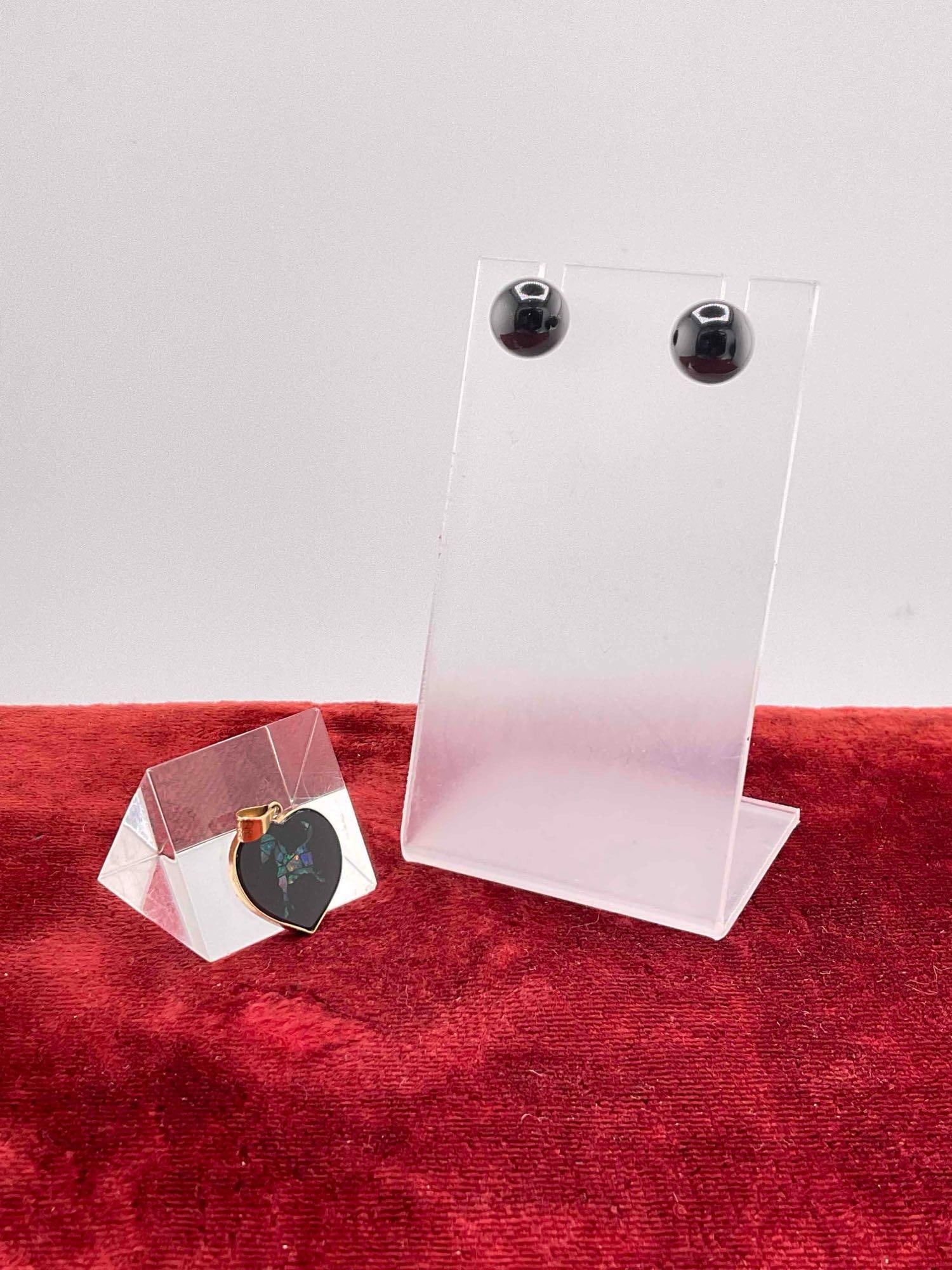 Pair of Large Black Onyx Earrings w/14K gold post + 14K gold Heart pendant w/ Opal (Horse) Inlay (1 of 4)