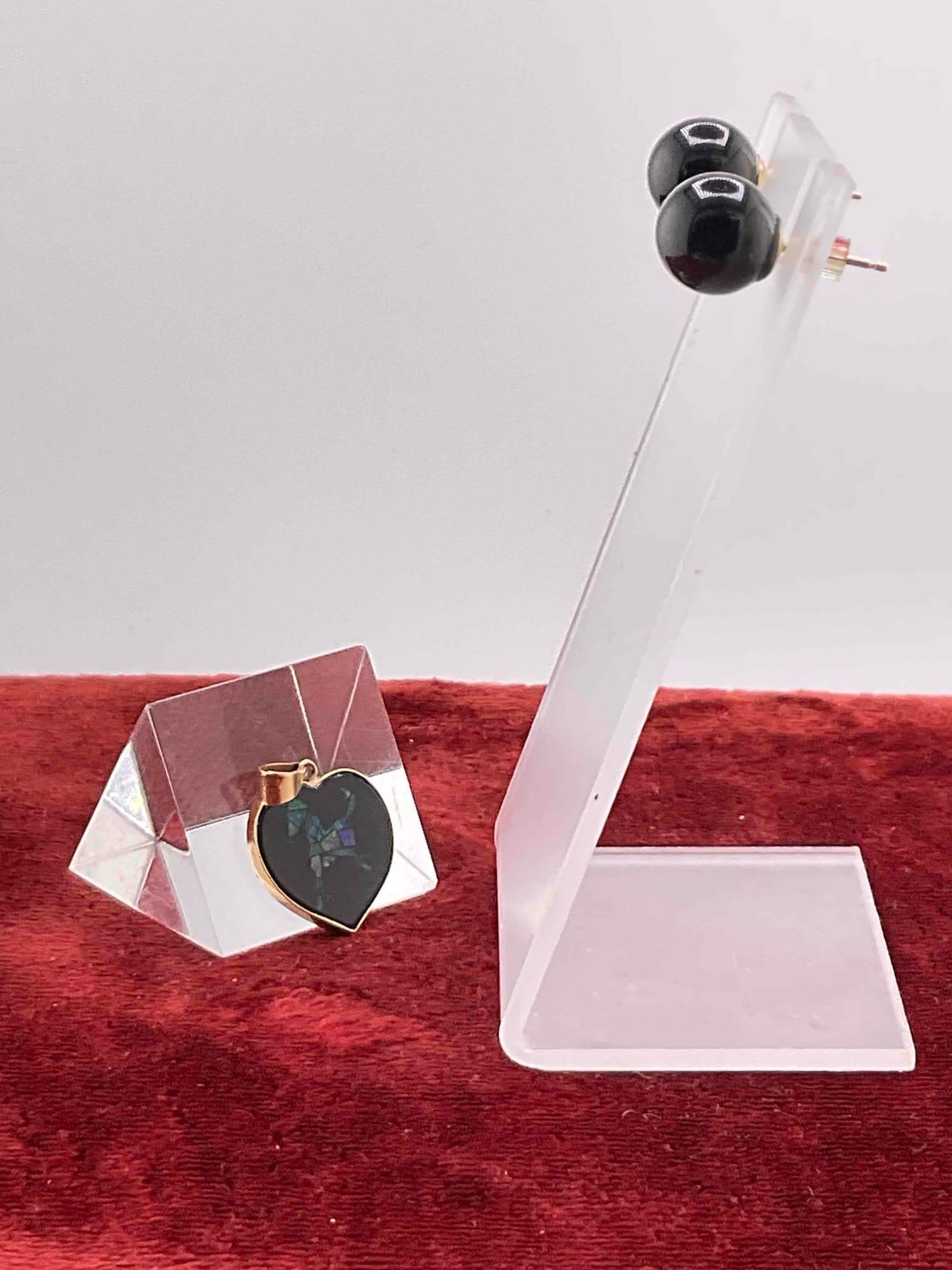 Pair of Large Black Onyx Earrings w/14K gold post + 14K gold Heart pendant w/ Opal (Horse) Inlay - 2