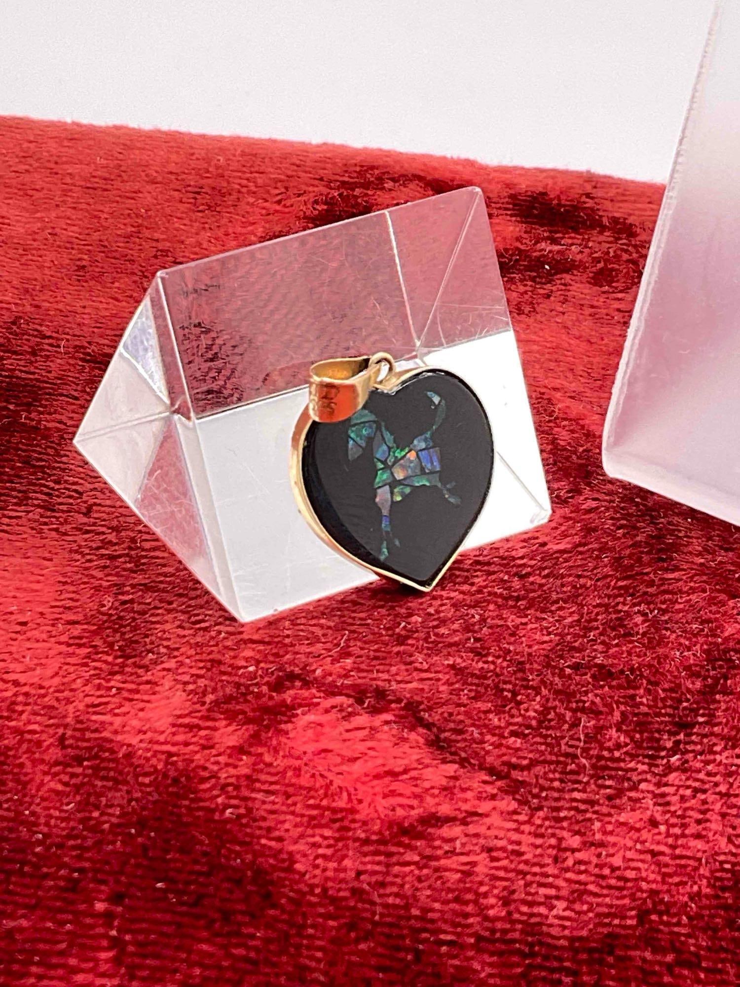 Pair of Large Black Onyx Earrings w/14K gold post + 14K gold Heart pendant w/ Opal (Horse) Inlay - 3