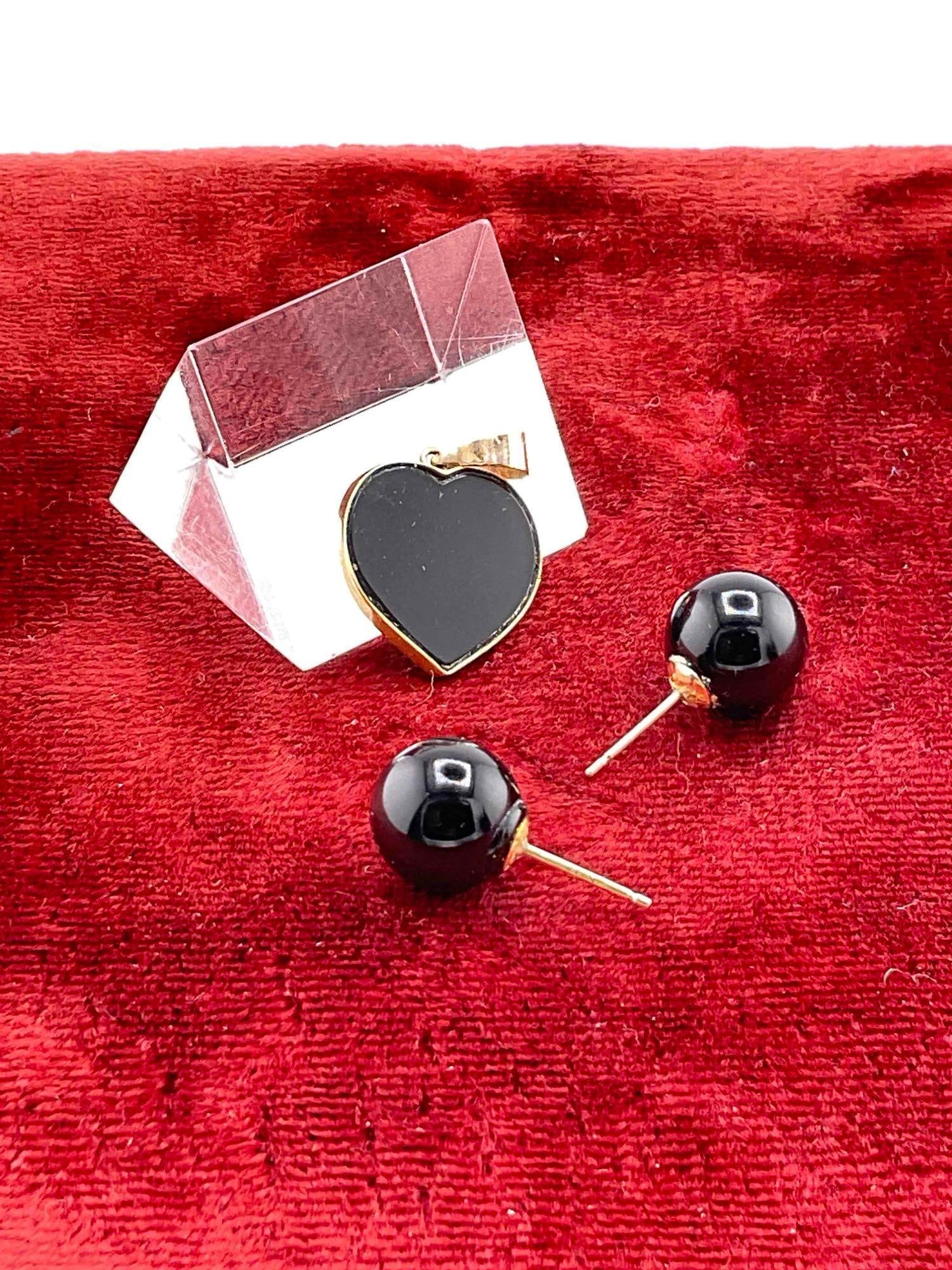 Pair of Large Black Onyx Earrings w/14K gold post + 14K gold Heart pendant w/ Opal (Horse) Inlay - 4