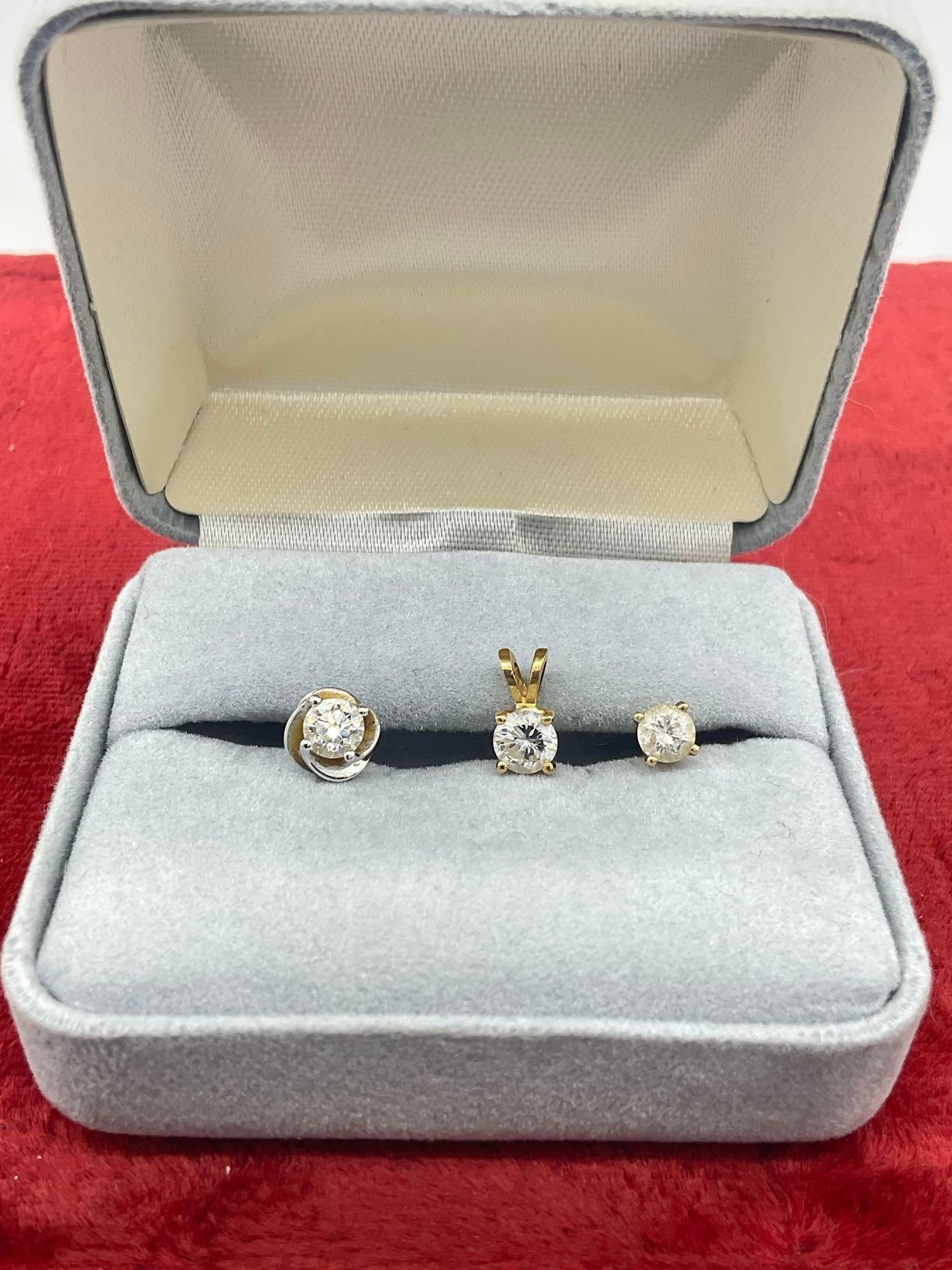 14K gold Pendant w/ Approx .4 Ct SL1-G diamond + 2 x mismatched 14K .3 ct Diamond Earrings (1 of 5)