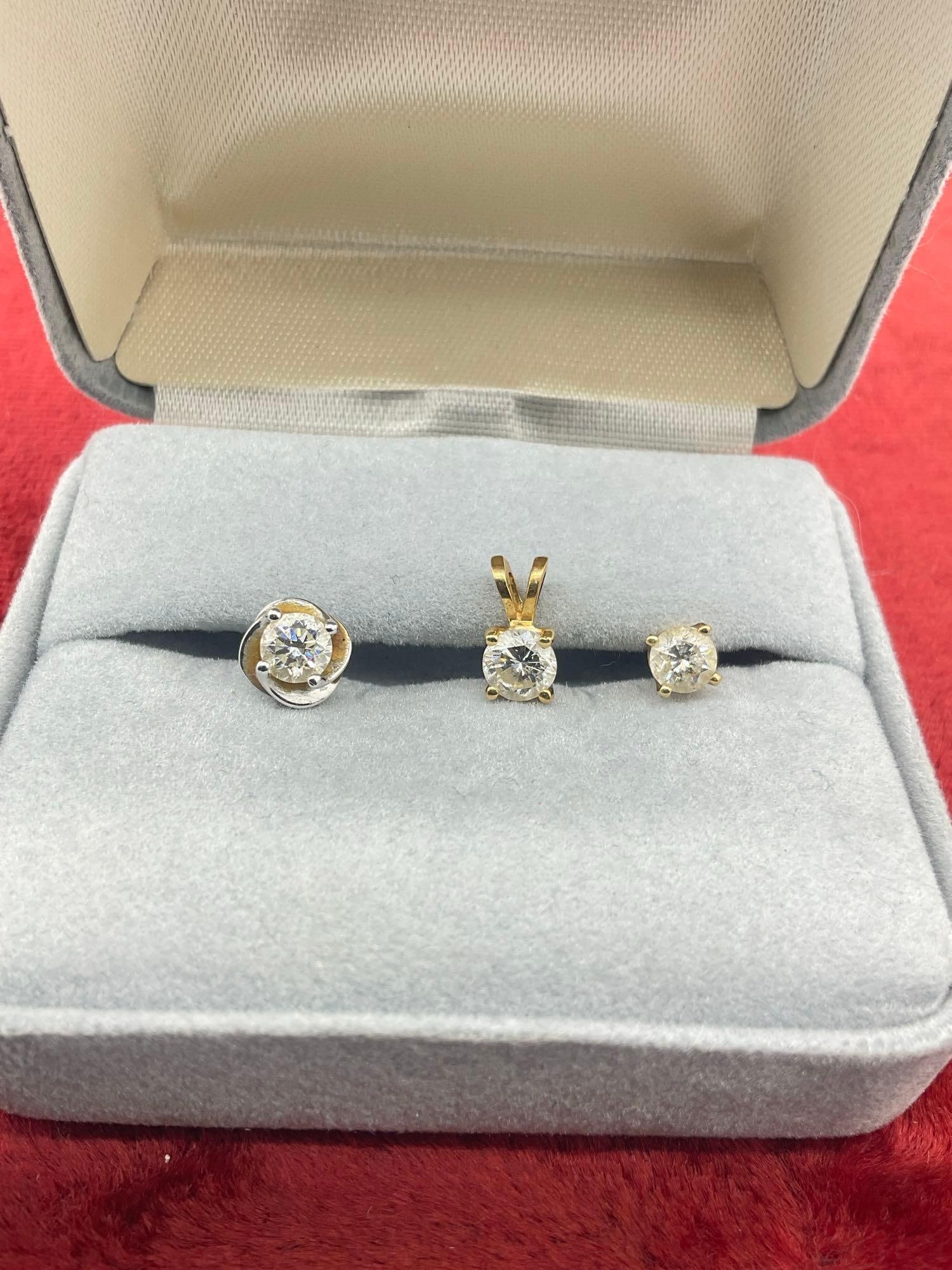 14K gold Pendant w/ Approx .4 Ct SI-1-G color diamond + 2 x mismatched 14K .3 ct Diamond Earrings - 2