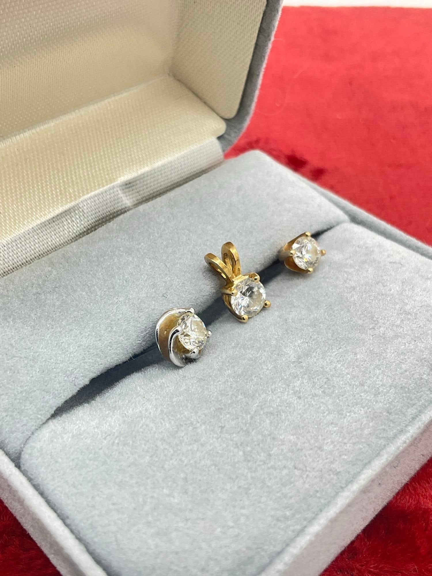 14K gold Pendant w/ Approx .4 Ct SI-1-G color diamond + 2 x mismatched 14K .3 ct Diamond Earrings - 3
