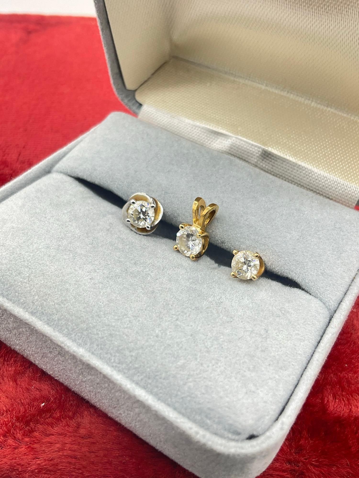 14K gold Pendant w/ Approx .4 Ct SI-1-G color diamond + 2 x mismatched 14K .3 ct Diamond Earrings - 4