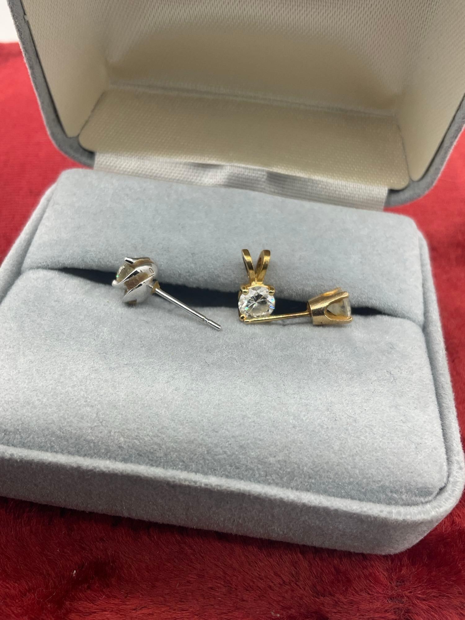14K gold Pendant w/ Approx .4 Ct SI-1-G color diamond + 2 x mismatched 14K .3 ct Diamond Earrings - 5
