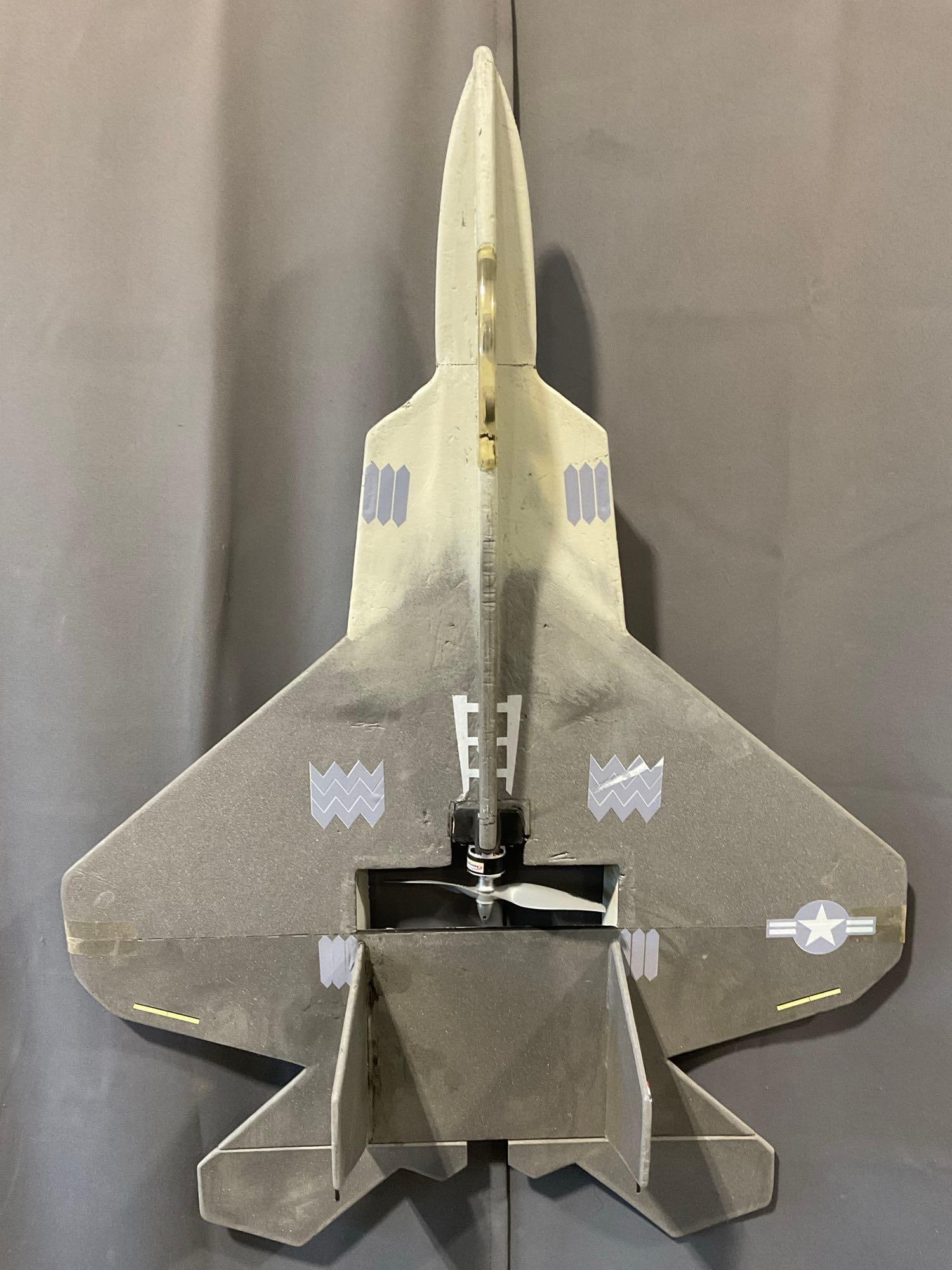 Foam US Jet RC Airplane, w/Motralfly KV1700 Motor, needs battery, see pics: The plane models included engines that were working 1+ years ago. All from the same collection. Appears to be in good shape. The piece measures approx 7h x 34w x 25d inches. See pics.