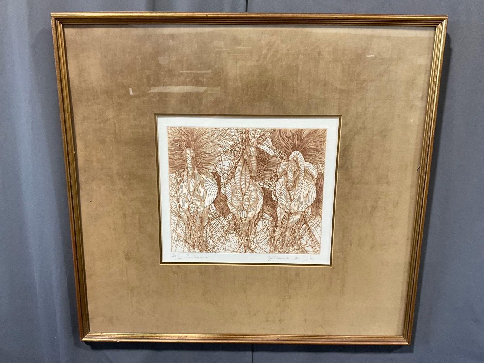 Framed Signed & #d 213/300 , 31x33 inches Lithograph titled Les Cheraux by Guillaume Azoulay: Appears to be in good shape. The piece measures approx 31h x 33w x 3d inches. See pics. E-6380 Valued 800 to 2000