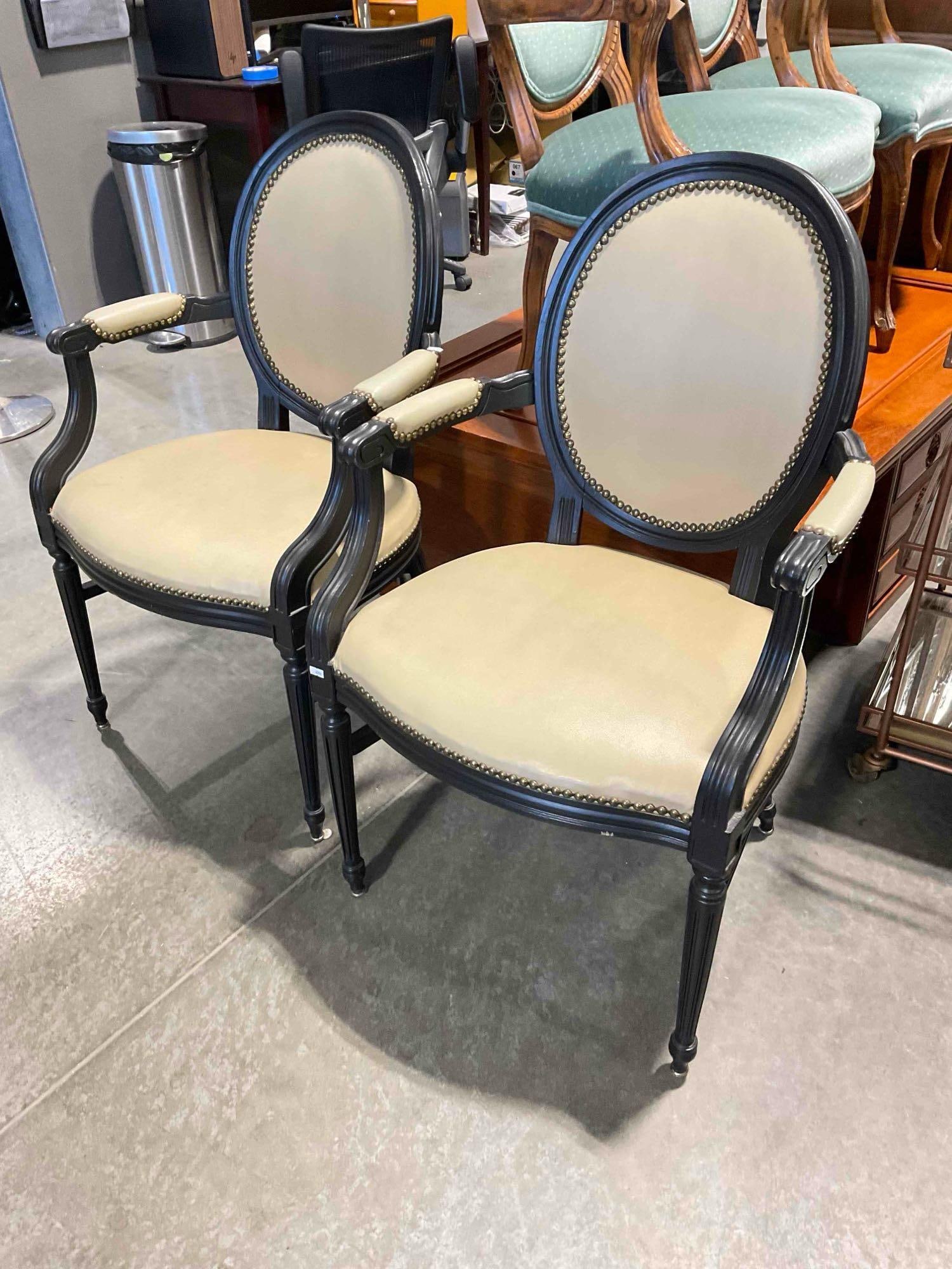 Pair of Antique Style Black Painted Wood Accent Chairs w/ Beige Vinyl Upholstery. See pics. - 2