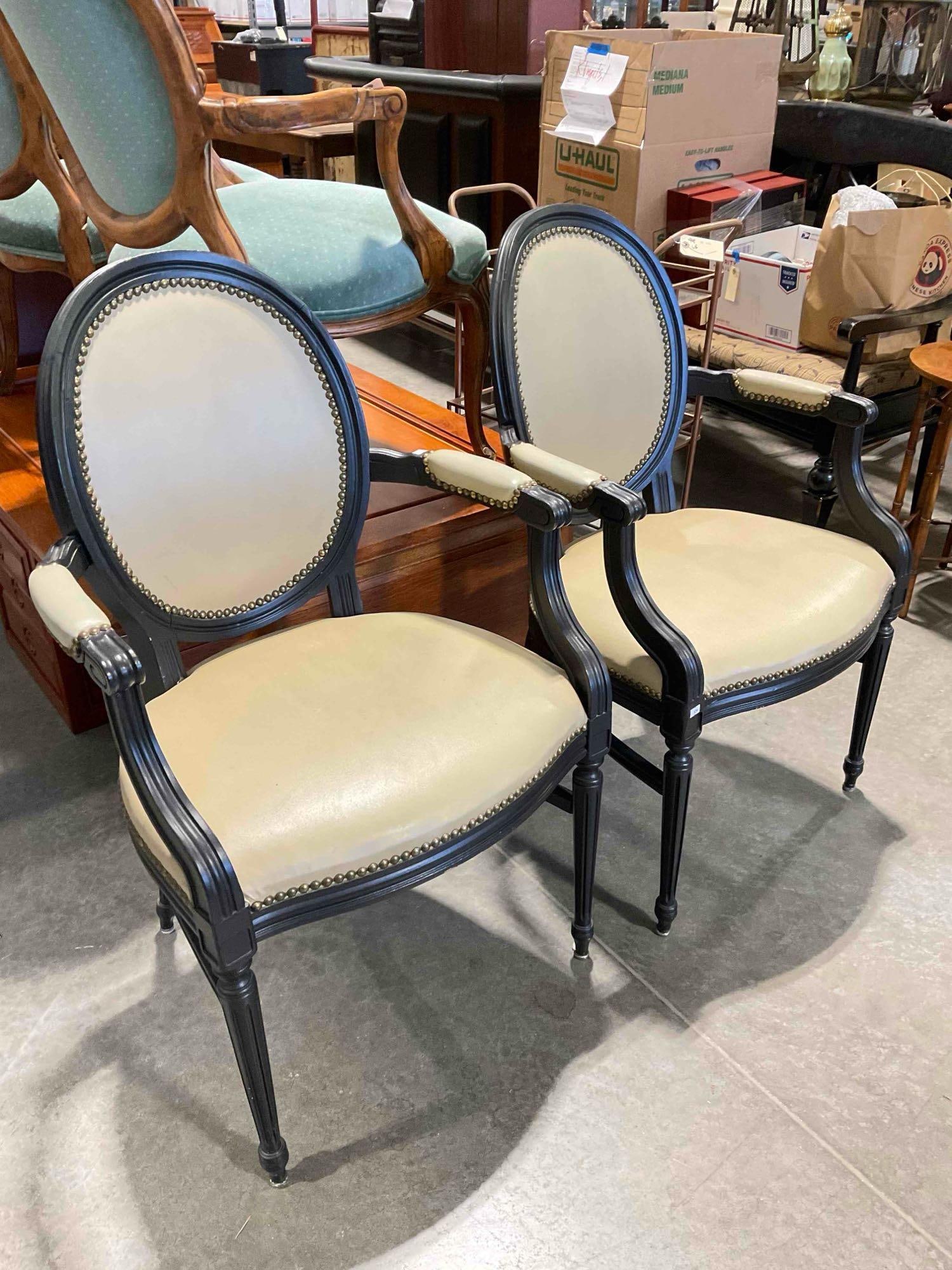 Pair of Antique Style Black Painted Wood Accent Chairs w/ Beige Vinyl Upholstery. See pics. - 3