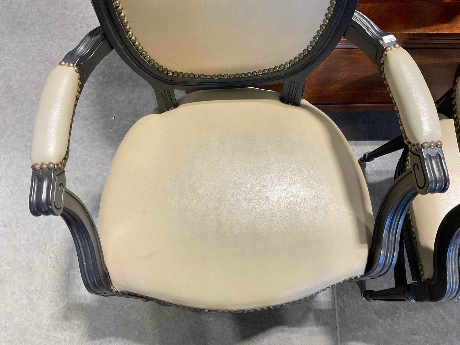 Pair of Antique Style Black Painted Wood Accent Chairs w/ Beige Vinyl Upholstery. See pics. - 4
