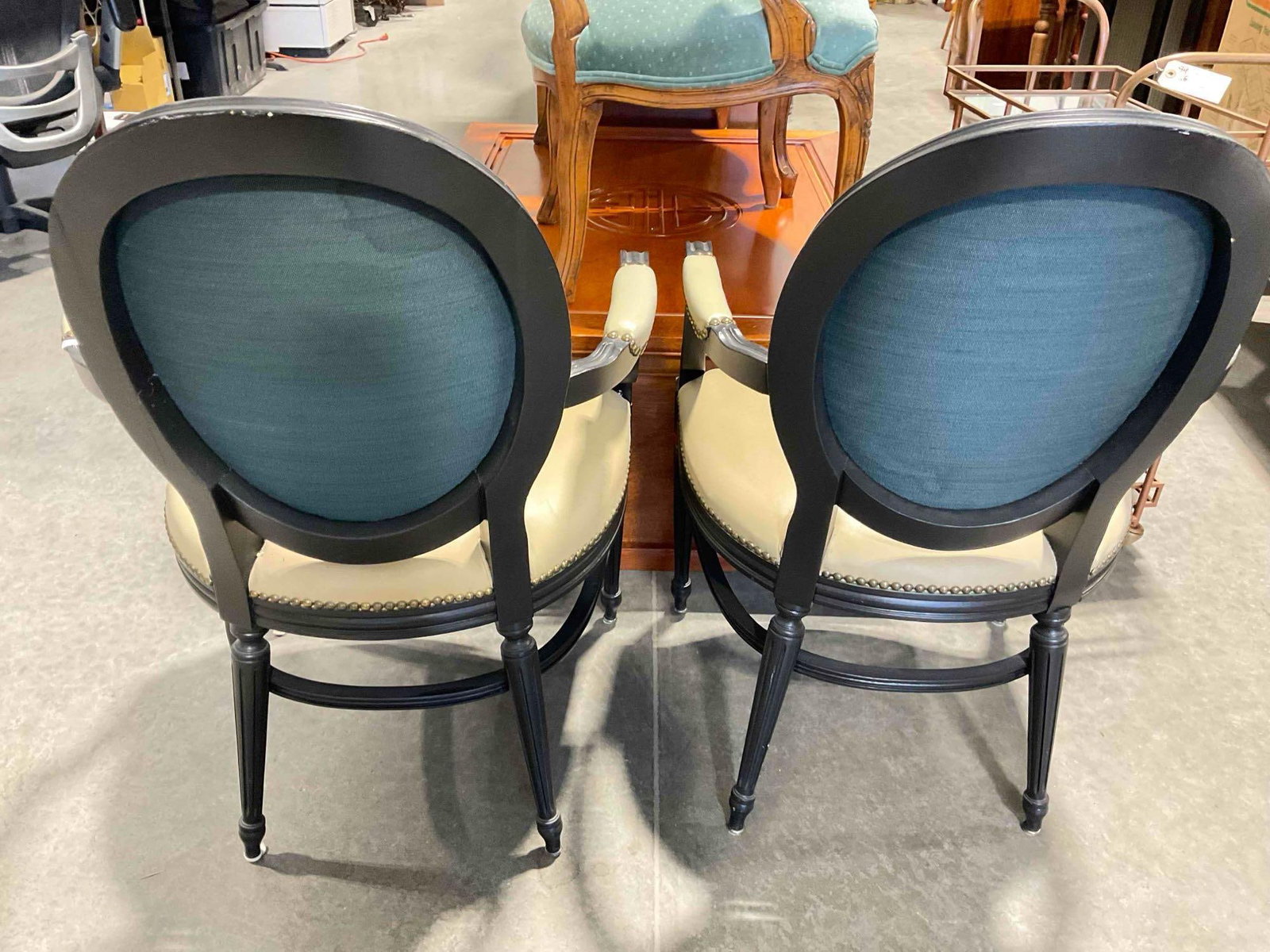 Pair of Antique Style Black Painted Wood Accent Chairs w/ Beige Vinyl Upholstery. See pics. - 5
