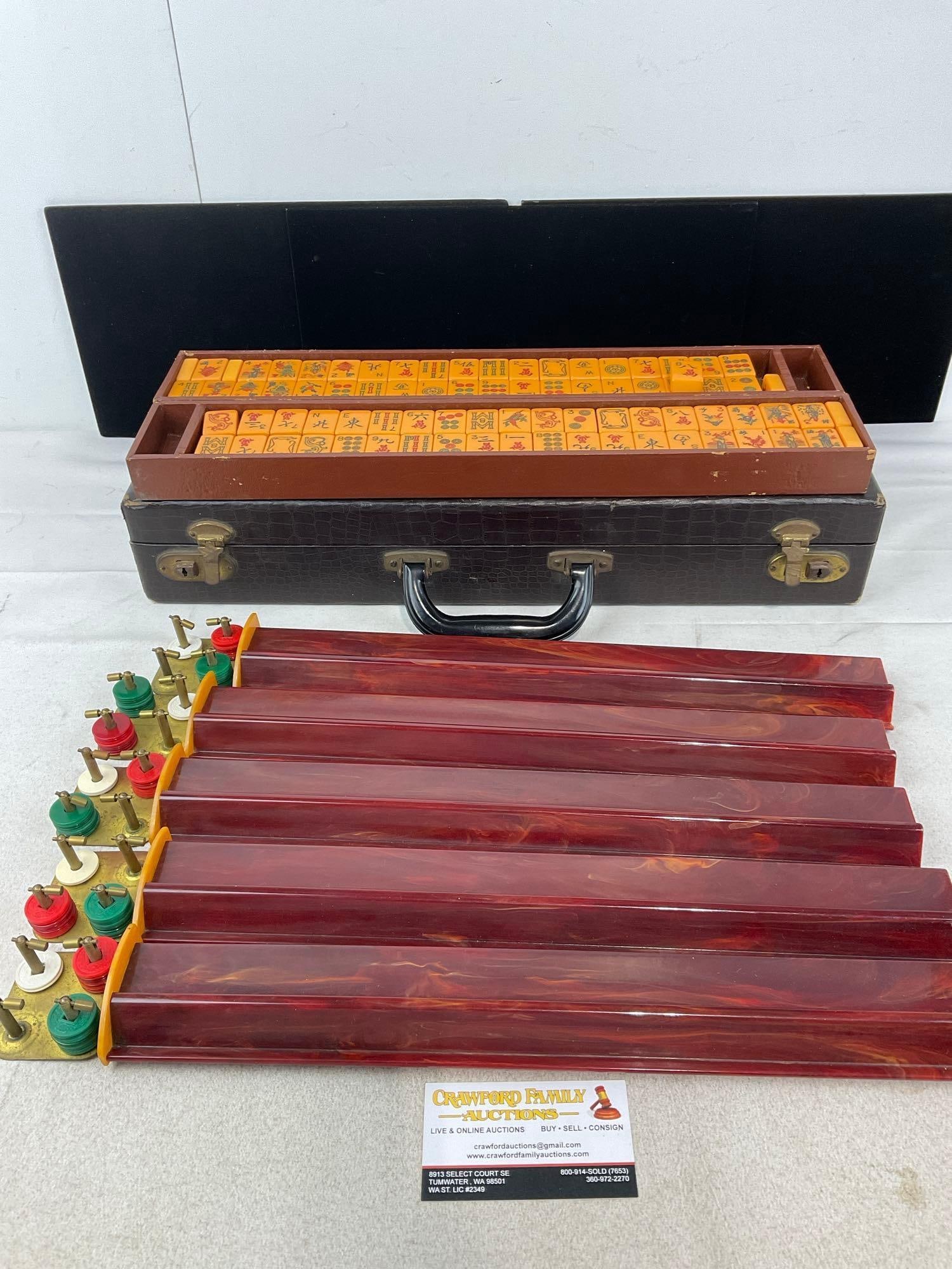 Vintage American Mahjong Set, Yellow Bakelite Tiles & Red Trays, approx 156 tiles w/leather case: Appears to be in good shape. The piece measures approx 5h x 21w x 12d inches. See pics. E-6540