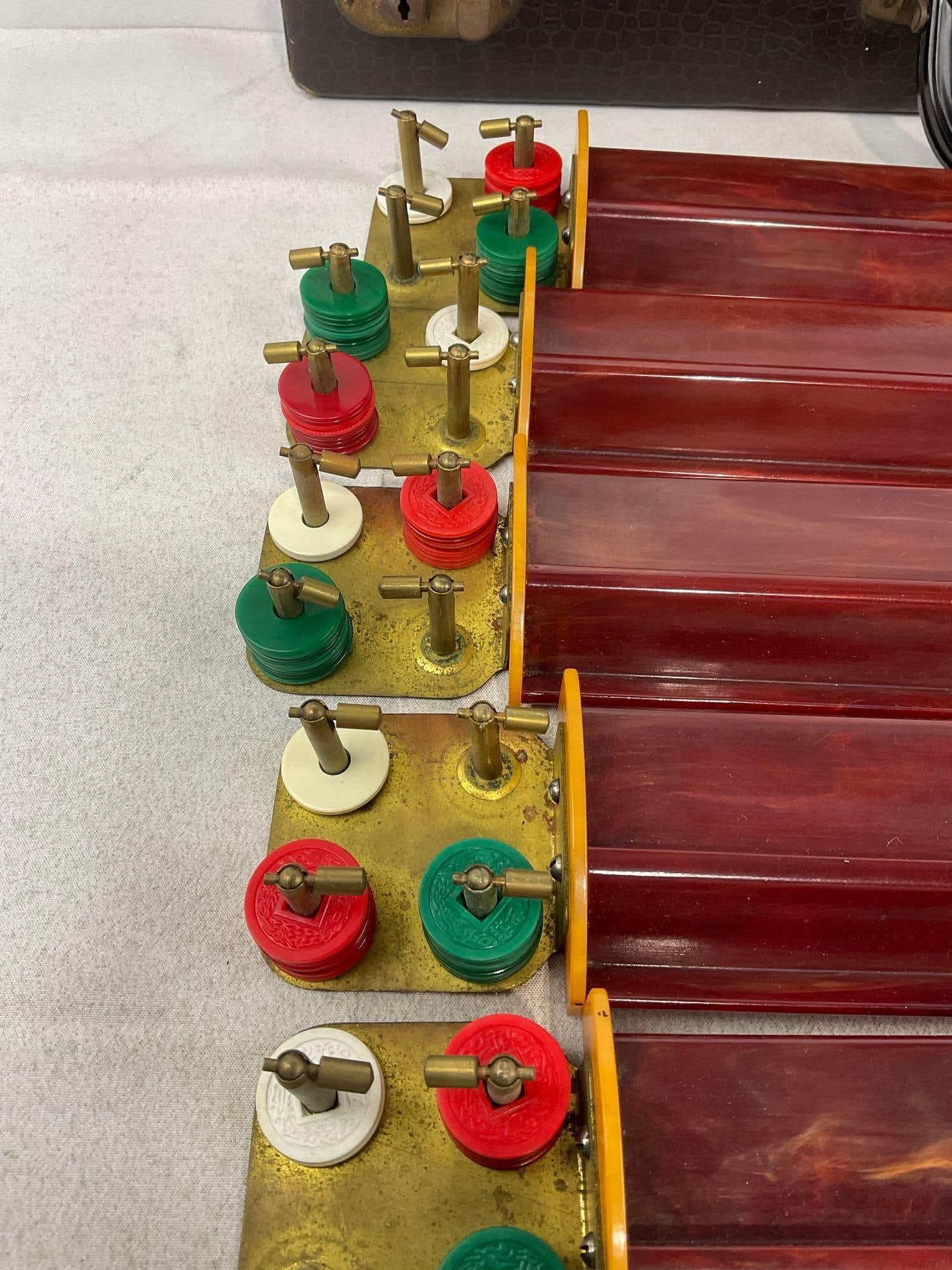 Vintage American Mahjong Set, Yellow Bakelite Tiles & Red Trays, approx 156 tiles w/leather case - 2