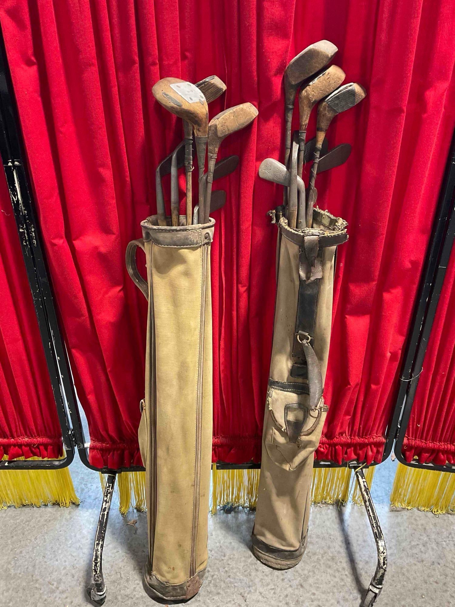 2 pcs Vintage Stovepipe Canvas Golf Bags w/ 15x Golf Clubs, incl. Popular, Black Beauty & More.: 2 pcs Vintage Stovepipe Canvas Golf Bags w/ 15x Golf Clubs, incl. Popular, Black Beauty & More. Have wear indicative of age and use, otherwise looks to be in fair condition. Each measures 8" x 6"