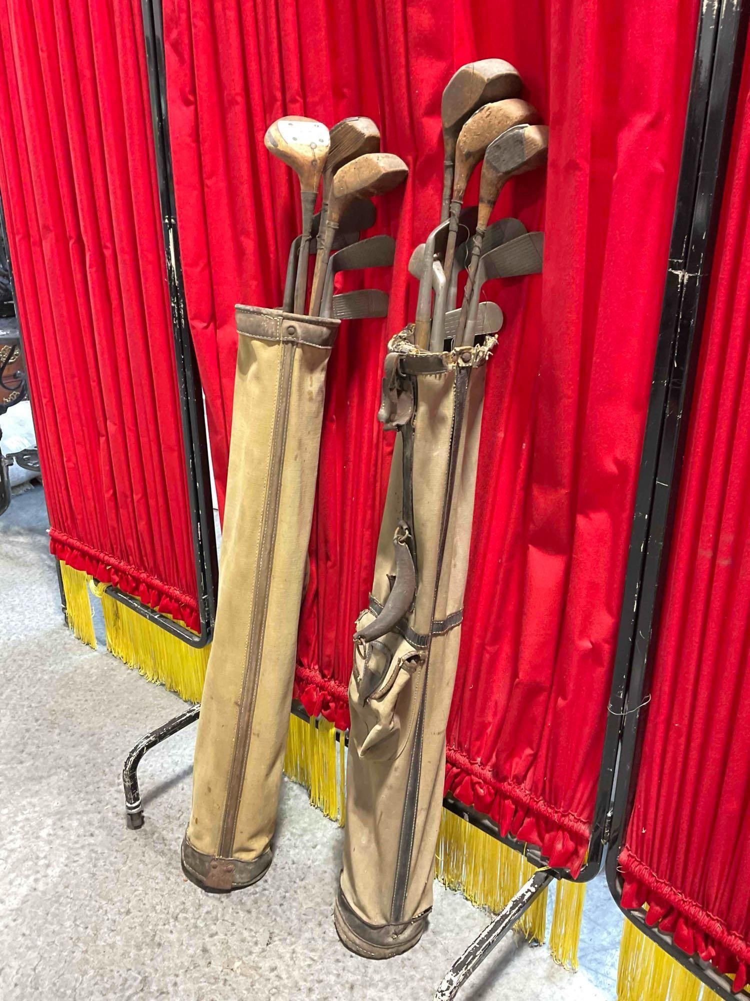2 pcs Vintage Stovepipe Canvas Golf Bags w/ 15x Golf Clubs, incl. Popular, Black Beauty & More. - 2