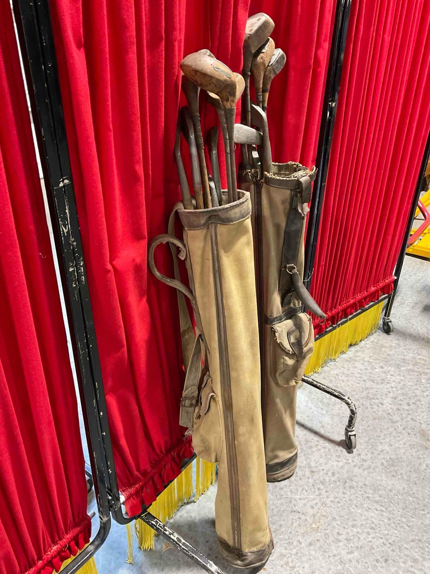 2 pcs Vintage Stovepipe Canvas Golf Bags w/ 15x Golf Clubs, incl. Popular, Black Beauty & More. - 3