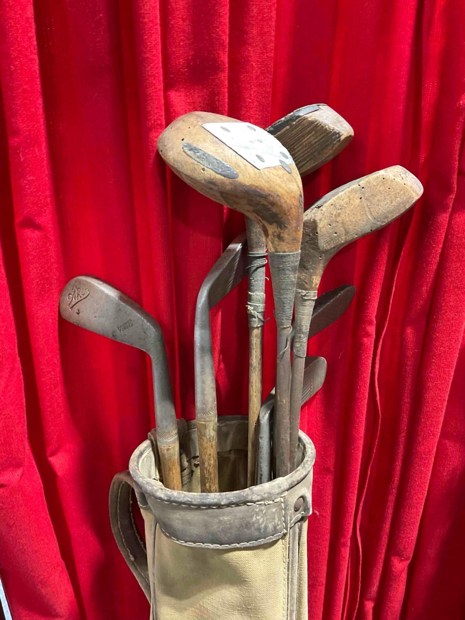 2 pcs Vintage Stovepipe Canvas Golf Bags w/ 15x Golf Clubs, incl. Popular, Black Beauty & More. - 4