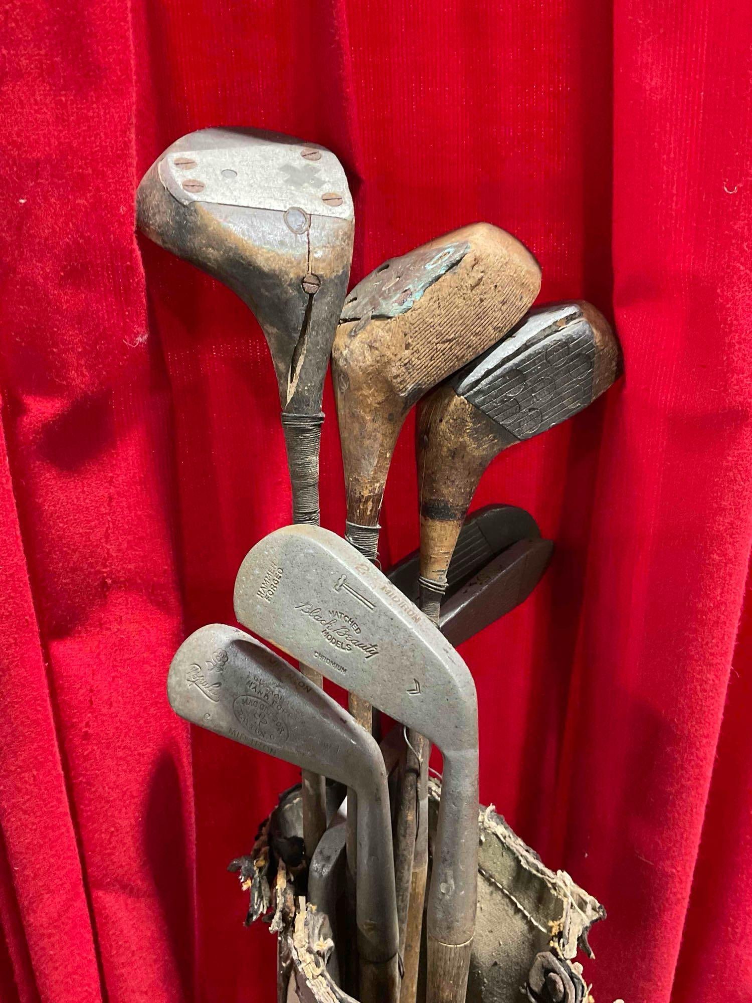 2 pcs Vintage Stovepipe Canvas Golf Bags w/ 15x Golf Clubs, incl. Popular, Black Beauty & More. - 5