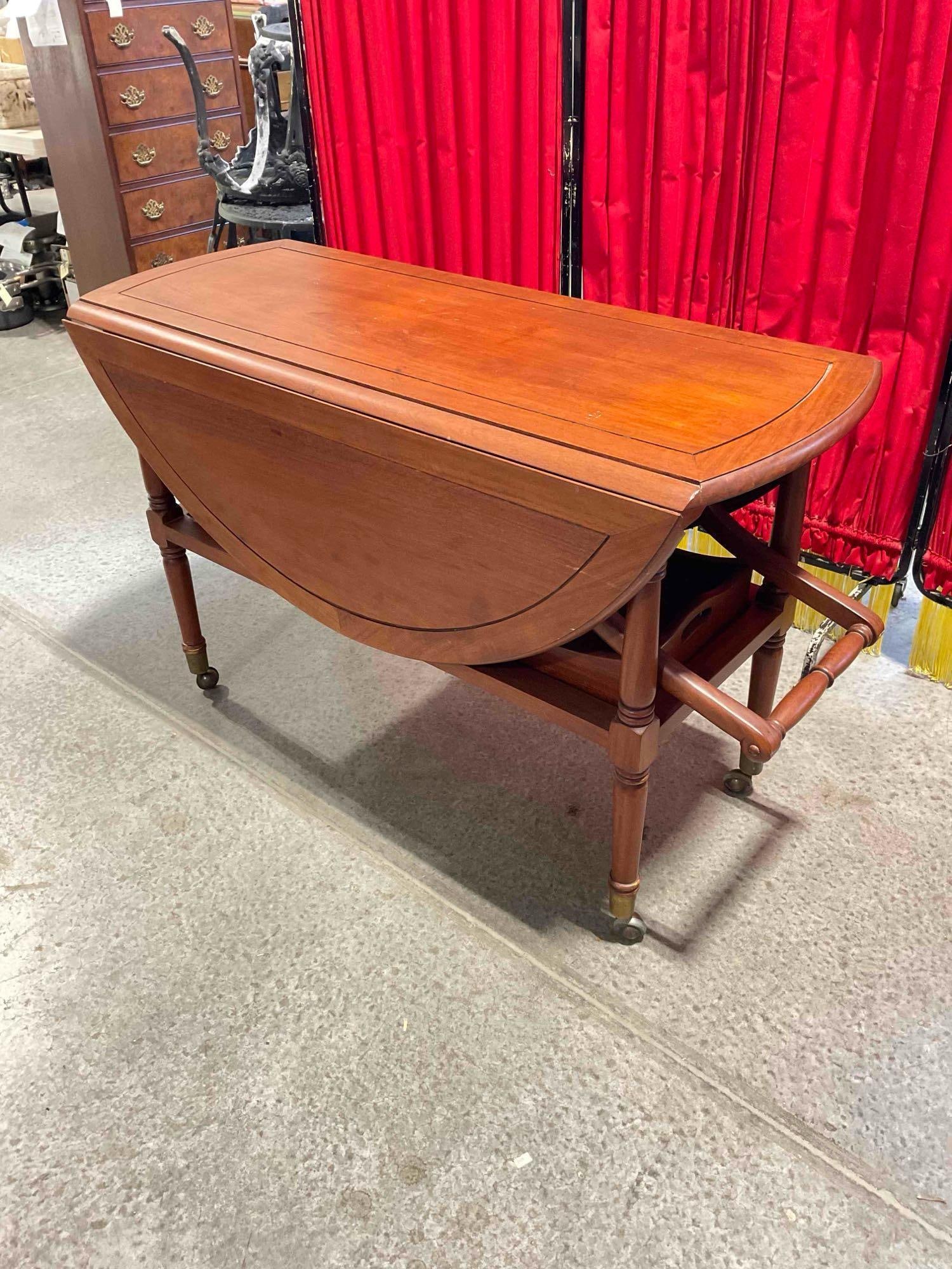Vintage George Zee & Co. Rosewood? Wood Drop Leaf Table Tea Cart w/ Removable Serving Tray. - 3