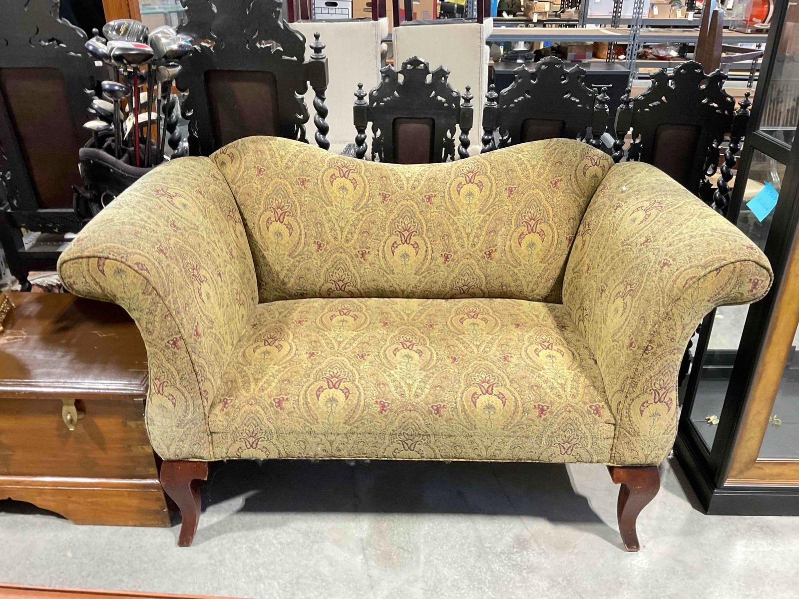 Vintage Queen Anne Style Two-Seat Sofa Couch w/ Green & Red Paisley Upholstery. See pics. (1 of 3)