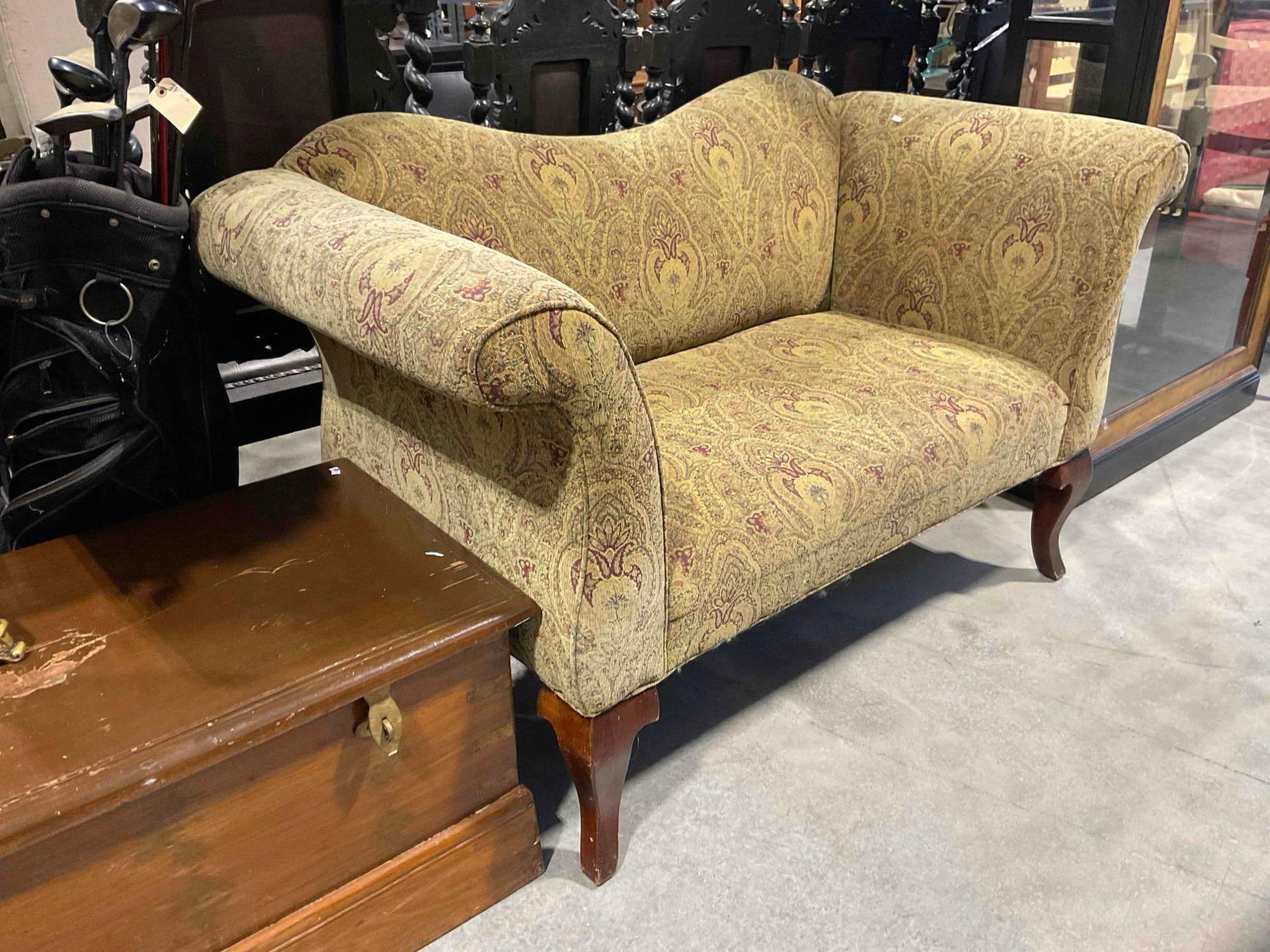Vintage Queen Anne Style Two-Seat Sofa Couch w/ Green & Red Paisley Upholstery. See pics. - 2
