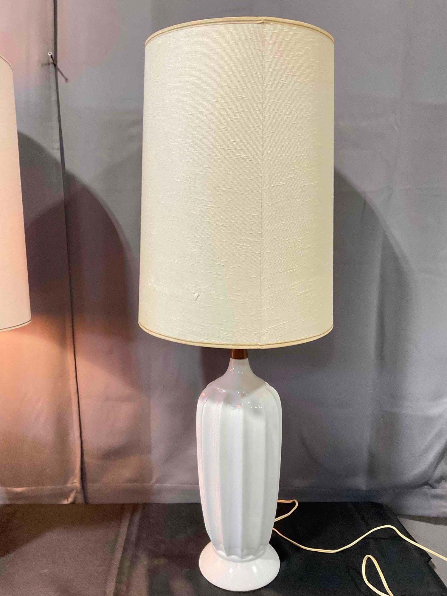 Pair of Vintage MCM White Ceramic & Walnut Wood Table Lamps w/ Cream Shades. Tested, Work. - 5
