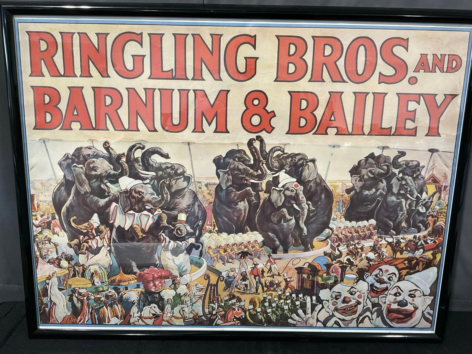 Framed Vintage Repro Ringling Bros. and Barnum & Bailey Circus Poster w/Clowns & Elephants, 26x34...: Appears to be in good shape. The piece measures approx 26h x 34w x 3d inches. See pics. E-6550