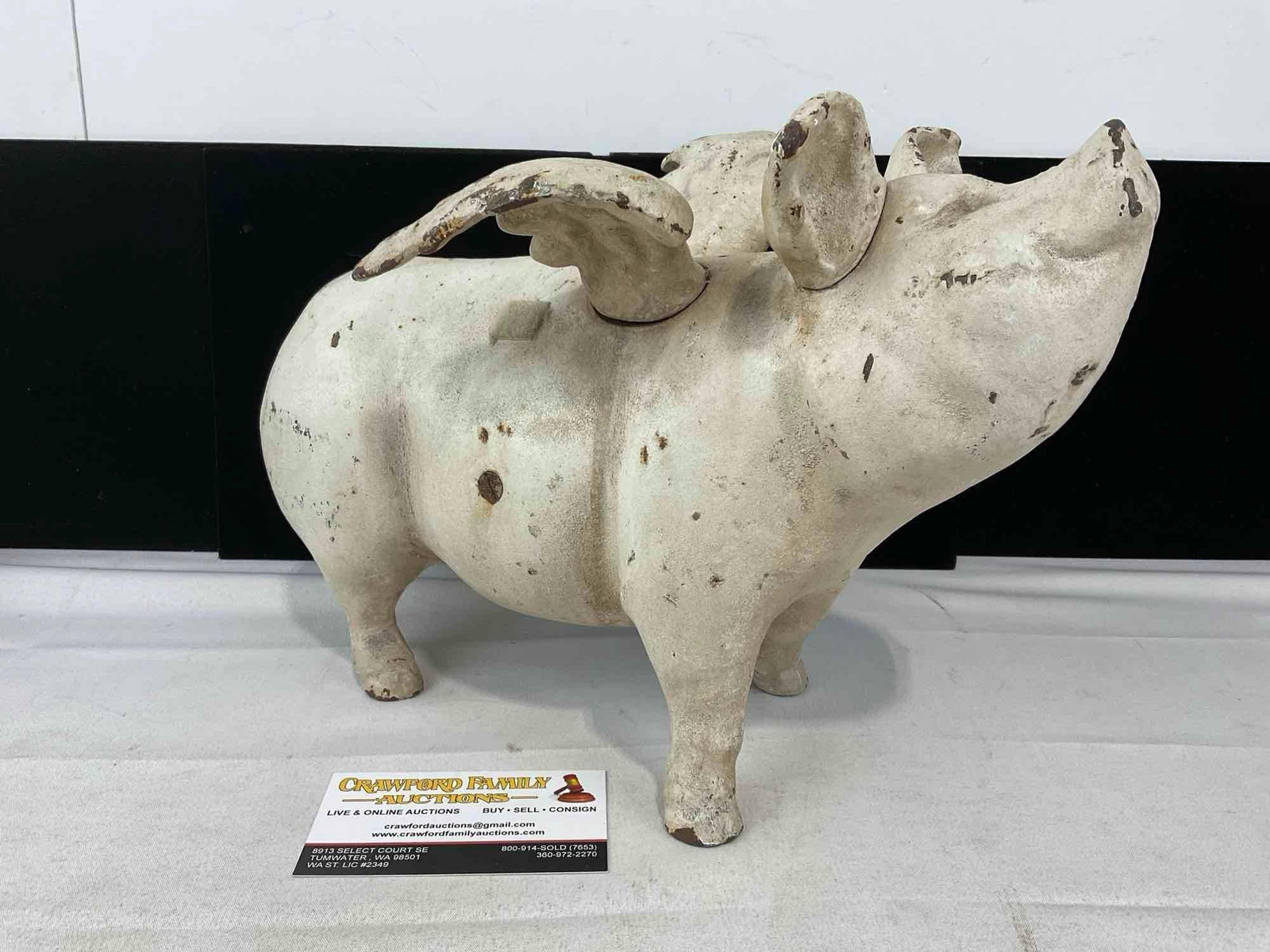 Cast Iron Department 56 Flying Pig, Painted White, 9x14x8 inches: Appears to be in good shape. The piece measures approx 9h x 14w x 8d inches. See pics. E-6230