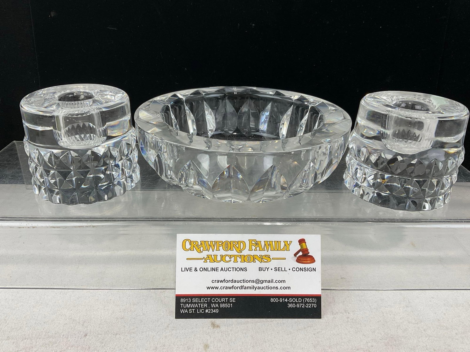 3 Orrefors Swedish Crystal, Matching Candleholders & Candy Dish, all marked: Appears to be in good shape. The piece measures approx 6h x 7w x 7d inches. See pics. E-6230