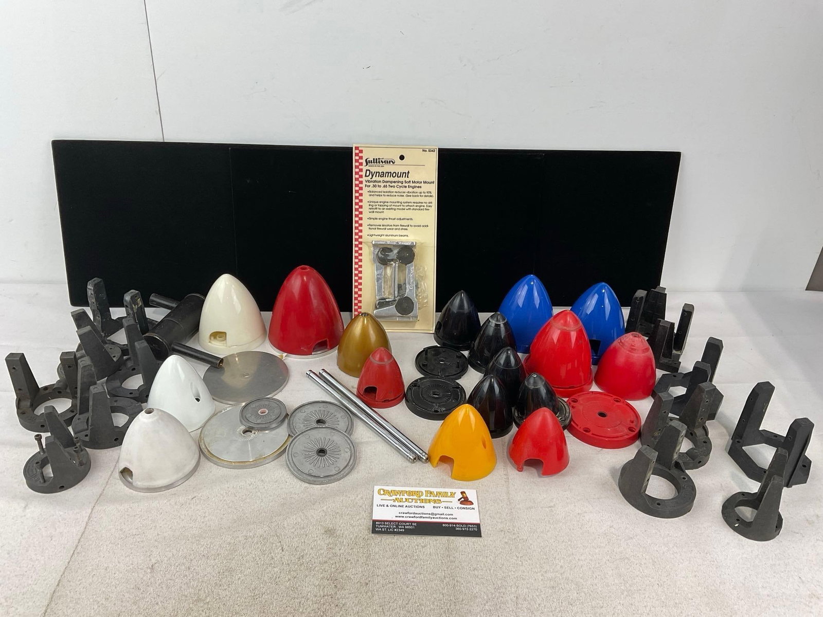 Collection of RC Airplane Propeller Spinner Nose Cones, Back Plates, Engine Braces & more: Appears to be in good shape. The piece measures approx 5h x 18w x 12d inches. See pics. E-6260
