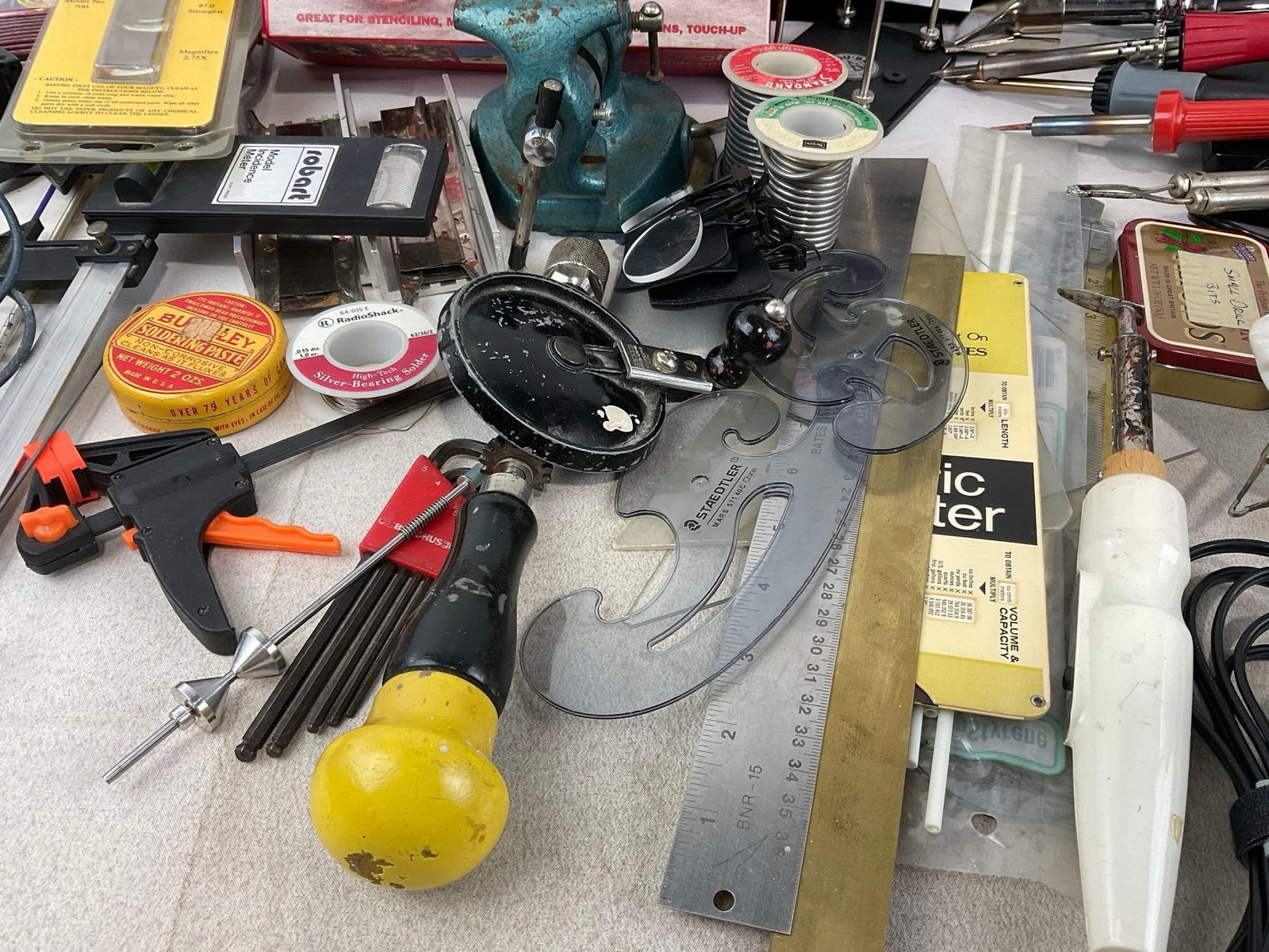 Assorted Hobby Supplies, Paasche Airbrush set w/box, Soldering Irons, Hand Drills, Stencils & more - 3