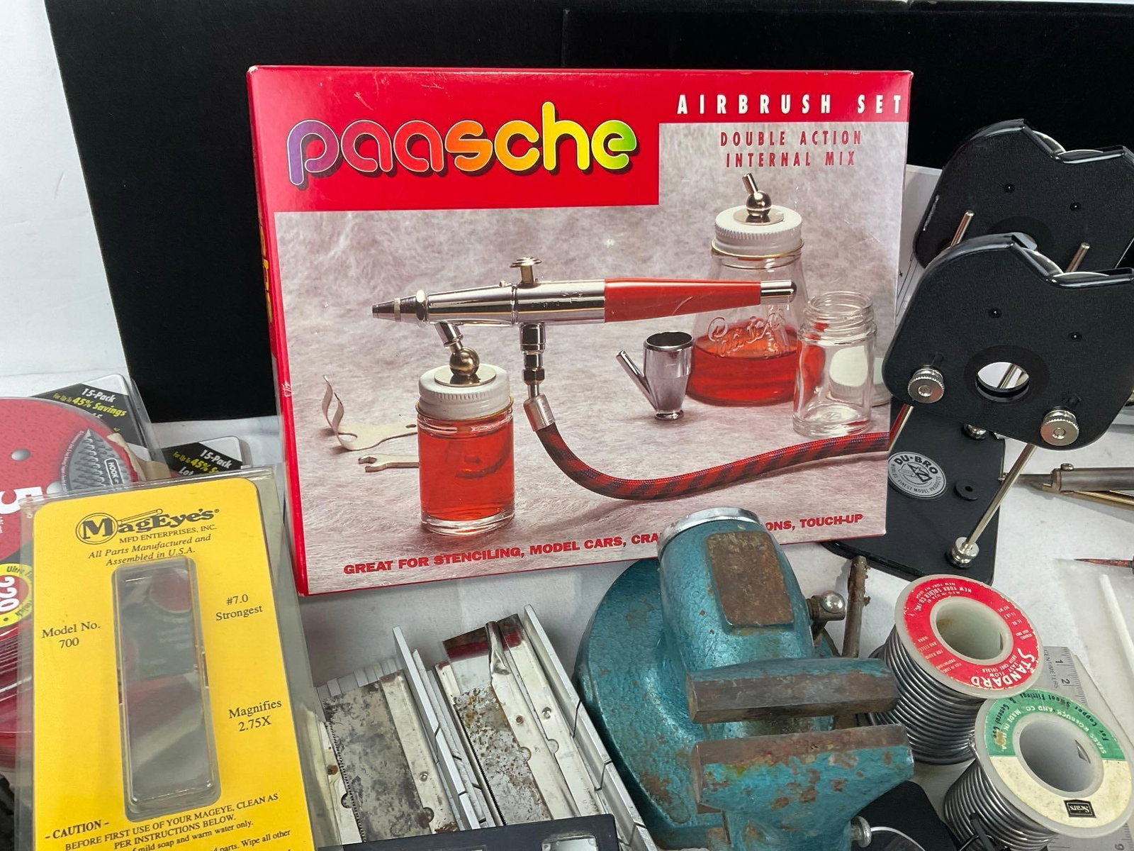 Assorted Hobby Supplies, Paasche Airbrush set w/box, Soldering Irons, Hand Drills, Stencils & more - 4