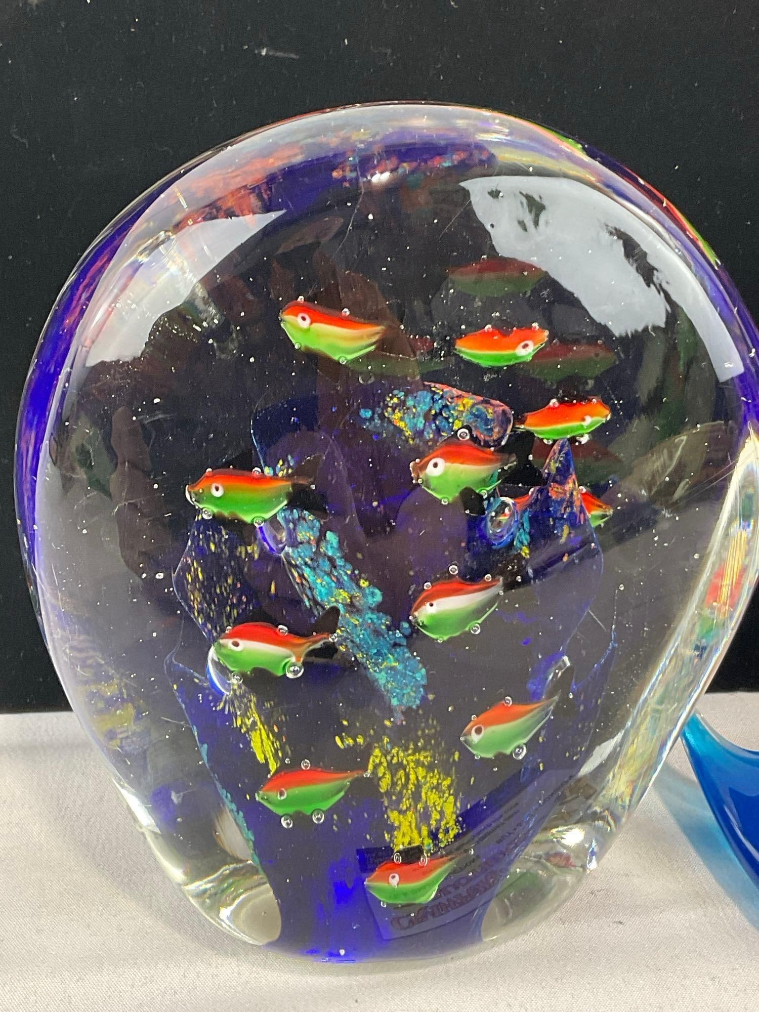 Lovely Handblown Glass Paperweight w/Coral & Tiny Fish inside, & Blue Glass Manta Ray - 2