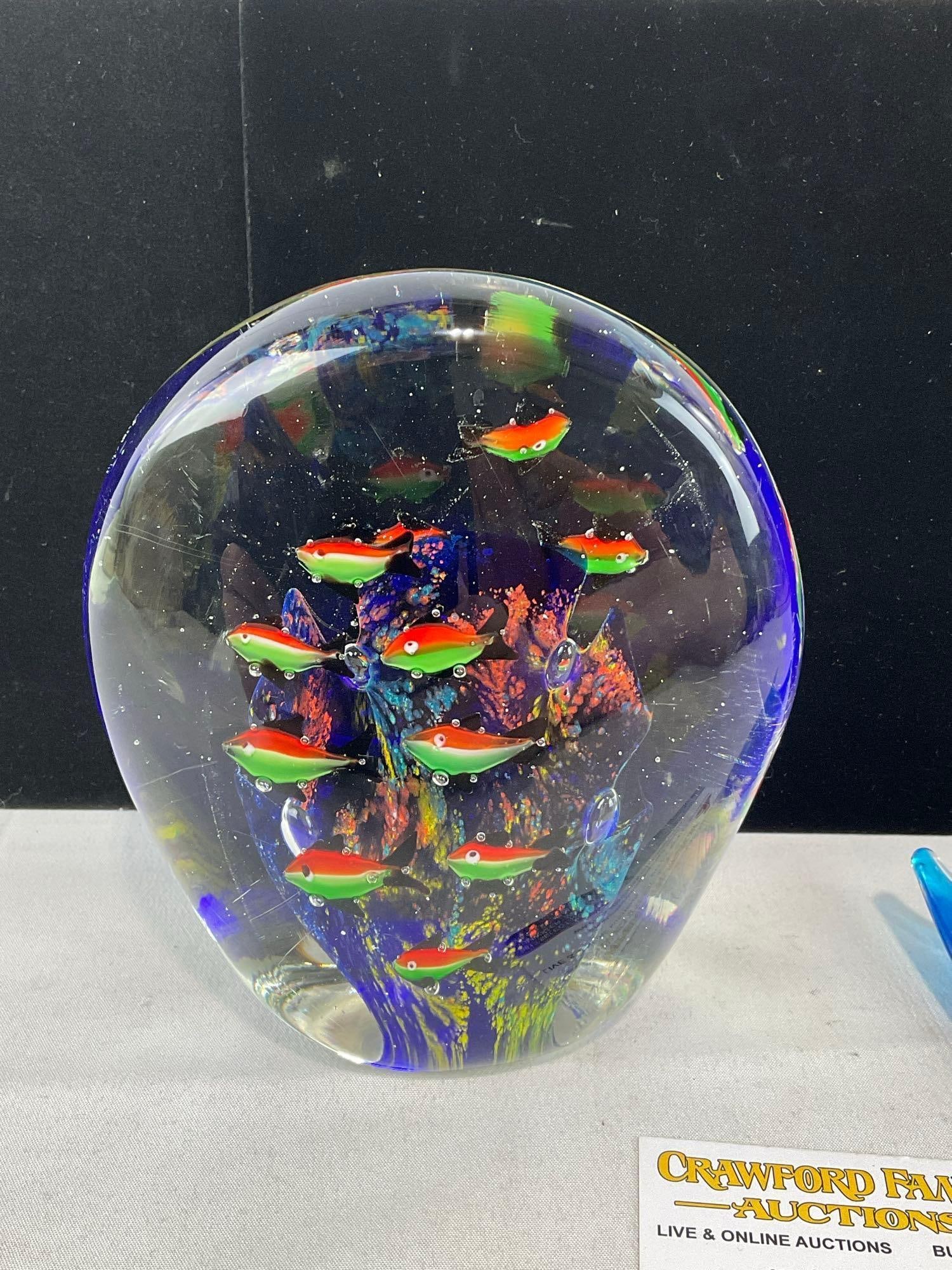 Lovely Handblown Glass Paperweight w/Coral & Tiny Fish inside, & Blue Glass Manta Ray - 3