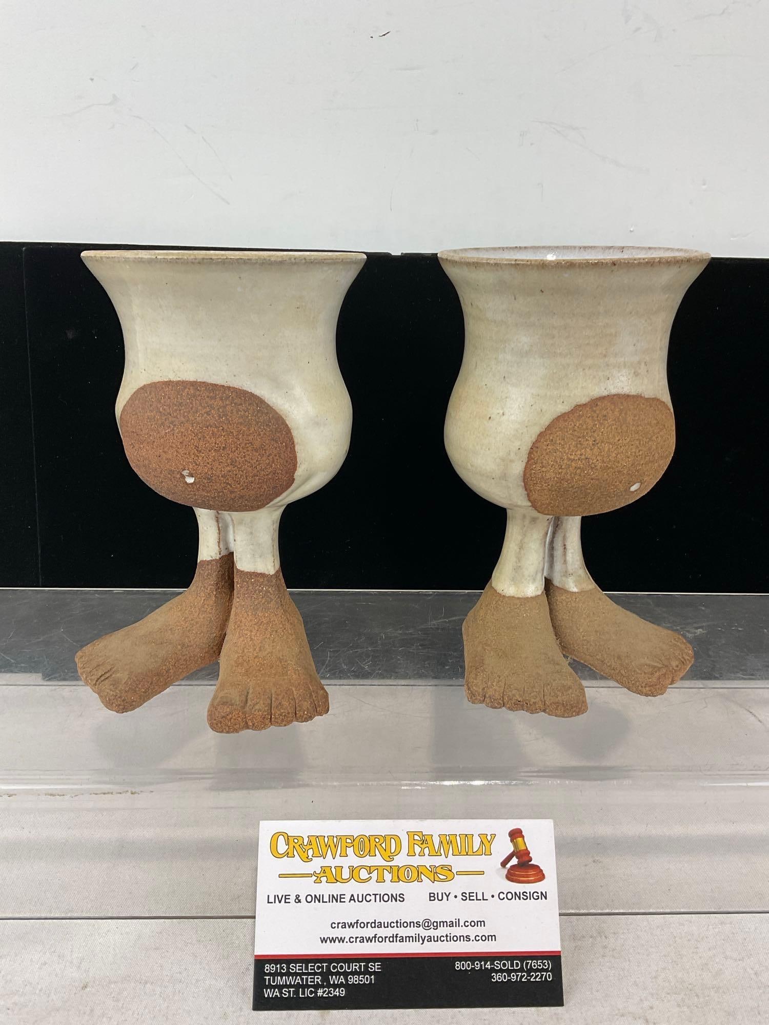 Pair of Handcrafted Pottery Cups by Hiroshi Ogawa, Figural people torsos w/feet: Appears to be in good shape. The piece measures approx 9h x 7w x 5d inches. See pics. E-6230