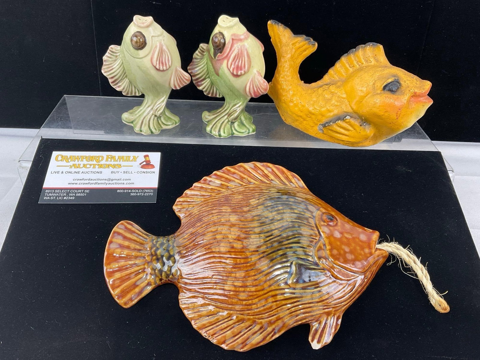 Ceramic Fish S&P Shakers, Flounder Wall hanging & Handpainted Yellow Concrete Fish: Appears to be in good shape. The piece measures approx 7h x 9w x 5d inches. See pics. E-6230